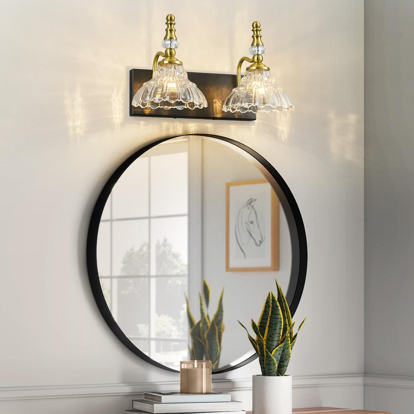 Lbsqj Vintage Bathroom Vanity Light 2-Light Black Gold Vanity Lighting Fixture With Flower Glass Shade Bathroom Lighting Fixtures Over Mirror