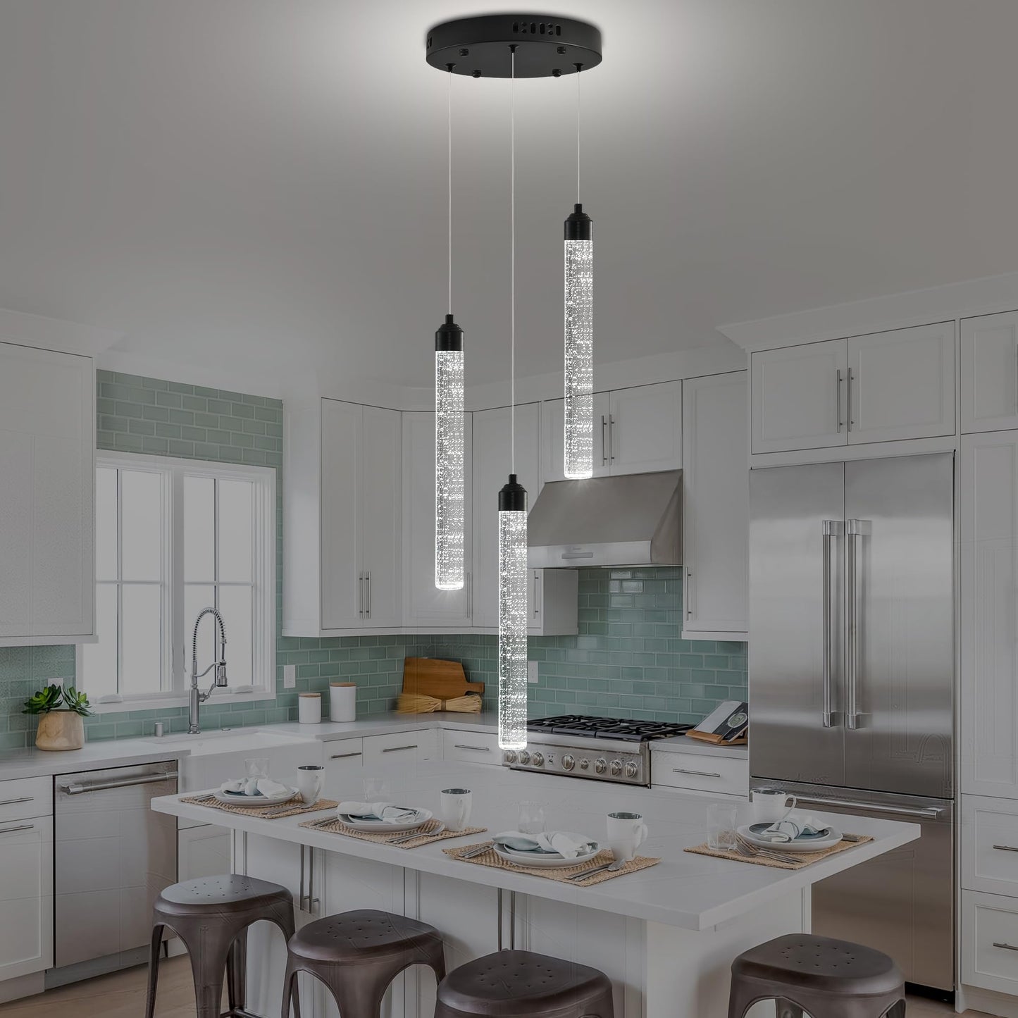 Ywuechwu 3-Light Modern Dimmable Led Crystal Chandelier - Black Mini Pendant Lighting With Spiral Raindrop/Bubble Cluster Pendant For Kitchen Island Dining Room Living Room Foyer