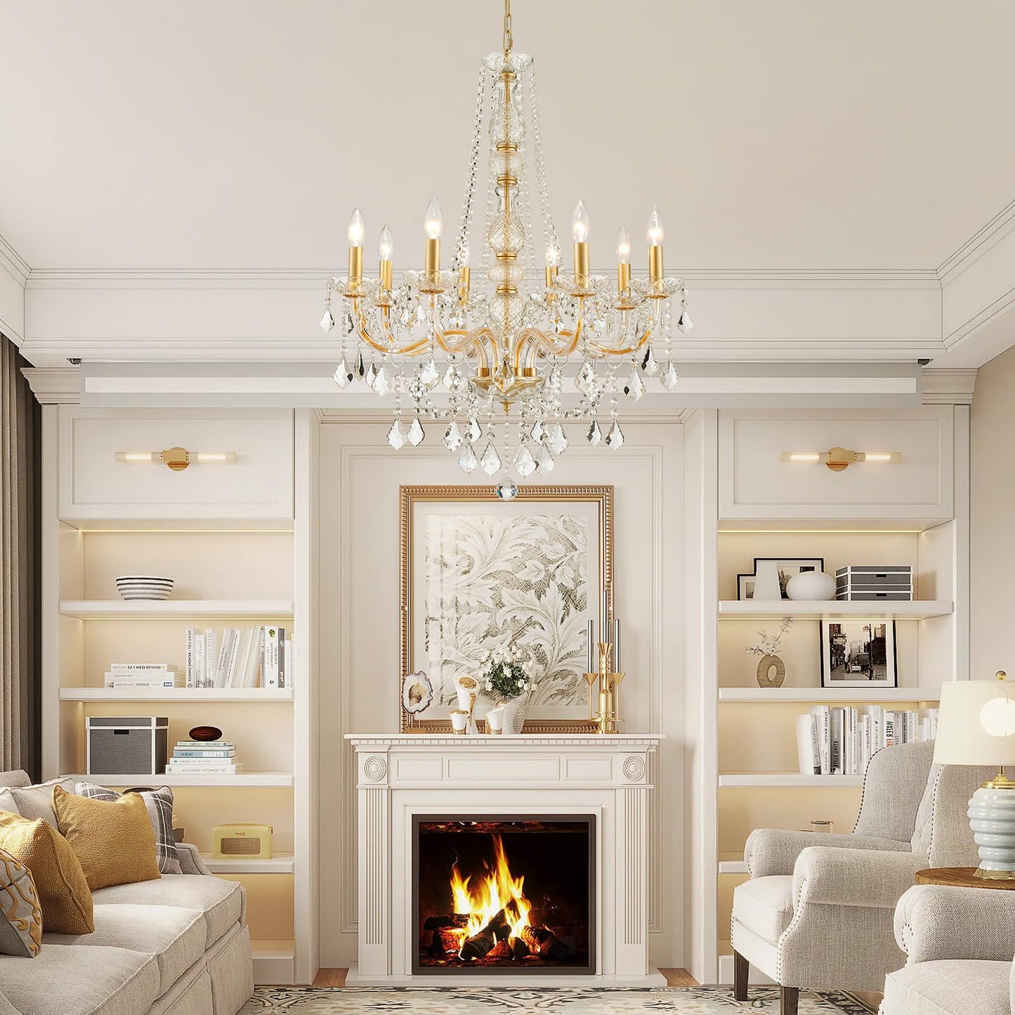 Wuzups 8-Light Crystal Candle Chandelier Pendant Ceiling Light Modern Lighting Fixture For Bedroom Hallway Bar Kitchen Bathroom H 35.4 W 27.6 E12 Base Gold