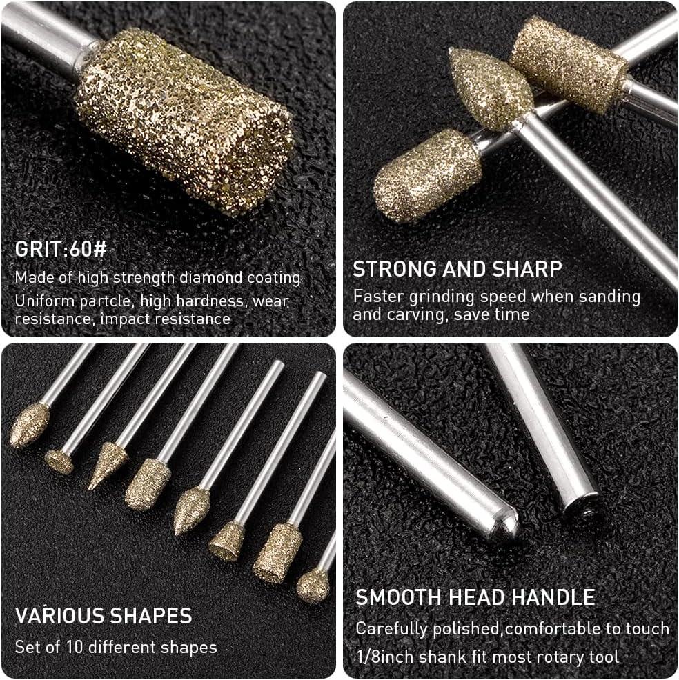 Diamond Grinding Burr Bit Set,20Pcs Rotary Tool Accessories Stone Carving Set with 1/8 inch Shank for Stone Ceramic Glass Carving, Grinding, Polishing, Engraving, Sanding