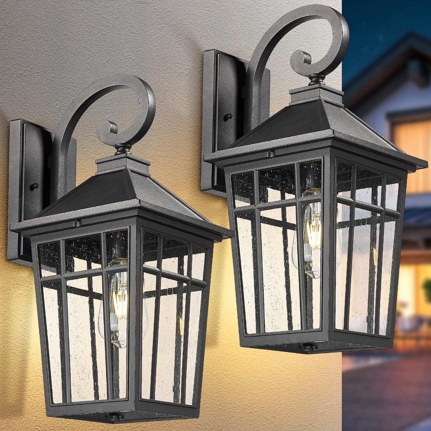 Darkaway Large Outdoor Wall Lights For House 18Inch Exterior Lighting Fixtures 2Pcs Wall Mount Outdoor Porch Lights Black Outdoor Sconce Lights With Seeded Glass For Hallway Garage