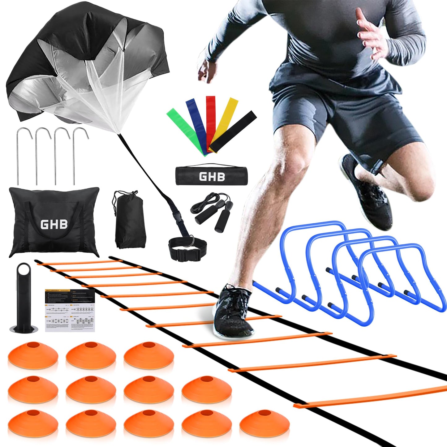 GHB Agility Ladder,Football Training Equipment Set,4 Agility Hurdles, 20 feet12 Rungs Speed Ladder,12 Disc Cones,Resistance Parachute, Jump Rope, 5 Resistance Bands
