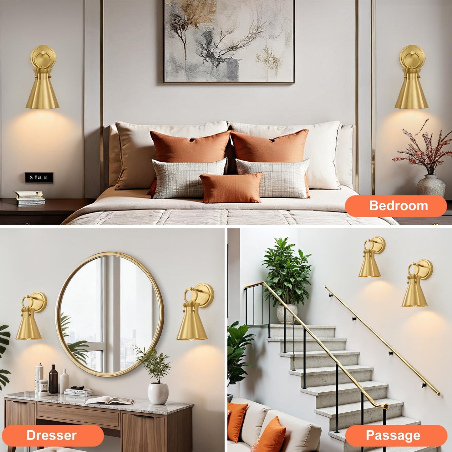 Gednbo Gold Wall Sconces For Bathroom Modern Vanity Light Fixtures Wall Mount Lighting Farmhouse Wall Lights With 6 Inch Metal Lampshade For Bedroom Living Room Mirror Kitchen (Gold Metal 2 Pack)