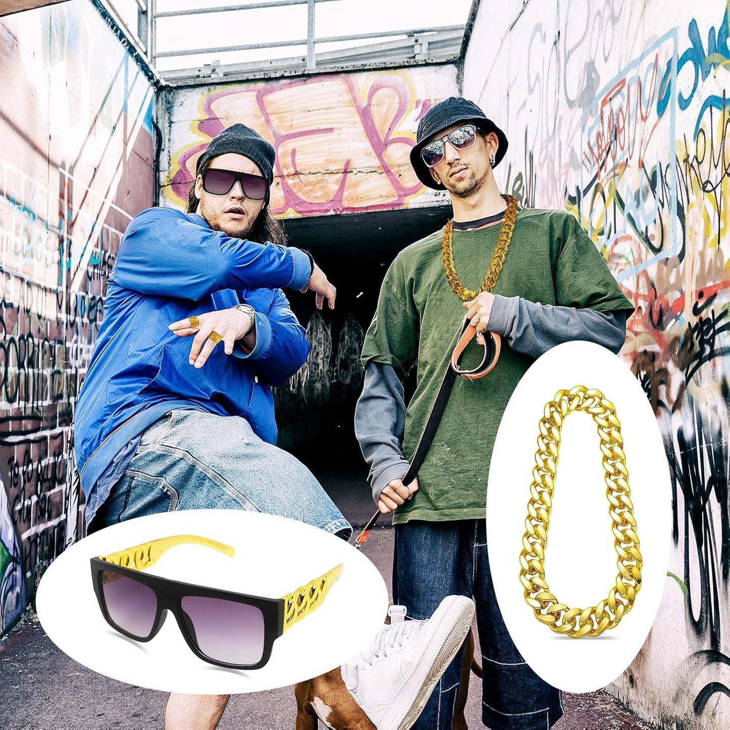 9 PCS Hip Hop Costume Kit 80s 90s Rapper Accessories, Outfits for Men Women Cosplay Gatherings Club Nostalgia Old School Themed Party Supplies