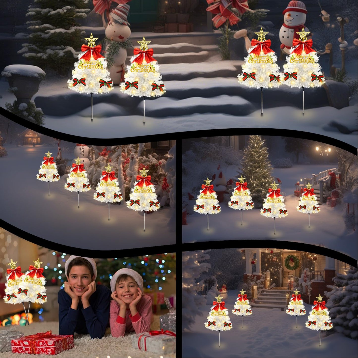 4 Pack Christmas Tree Solar Pathway Lights Outdoor Decorations Waterproof Artificial Mini Xmas Tree Stake Lights With Diy Ornamets For Garden Yard Porch Decor (White Tree)