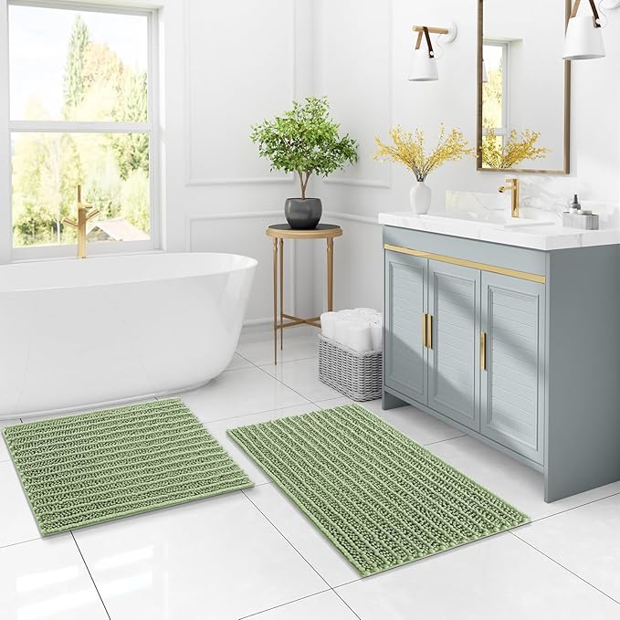 Arotive Luxury Chenille Bathroom Rug Mat, Extra Soft Thick Absorbent Shaggy Bath Rugs, Non-Slip Machine Wash Dry, Plush Bath Mats for Bathroom, Shower and Tub, 34x21, Sage Green