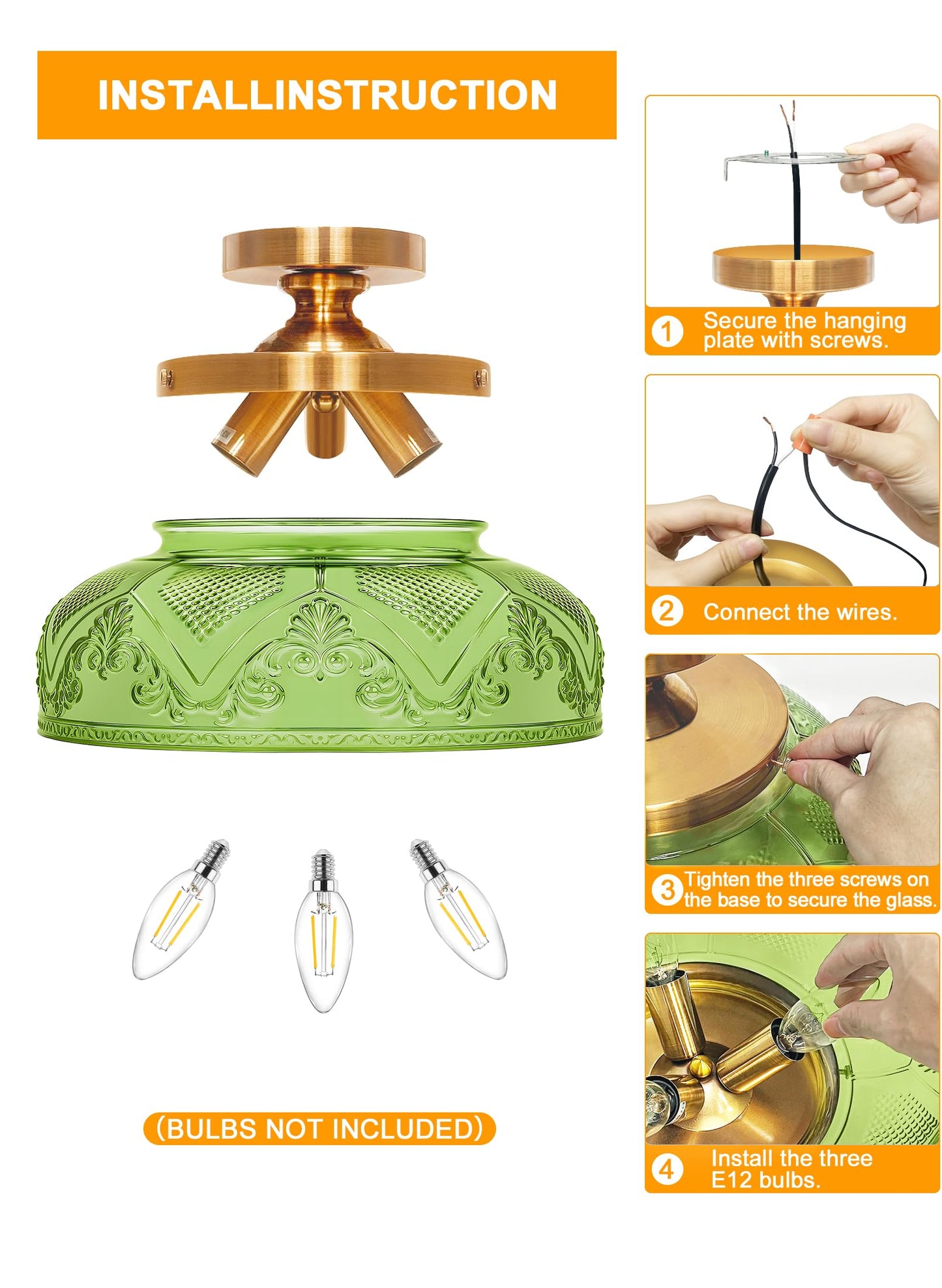 Slypadan Green Semi Flush Mount Ceiling Light 12 Inch Large Ceiling Light Fixture Gold 3-Light Globe Glass Farmhouse Kitchen Lighting Fixtures For Bathroom Hallway Dining Room (Bulb Not Included)