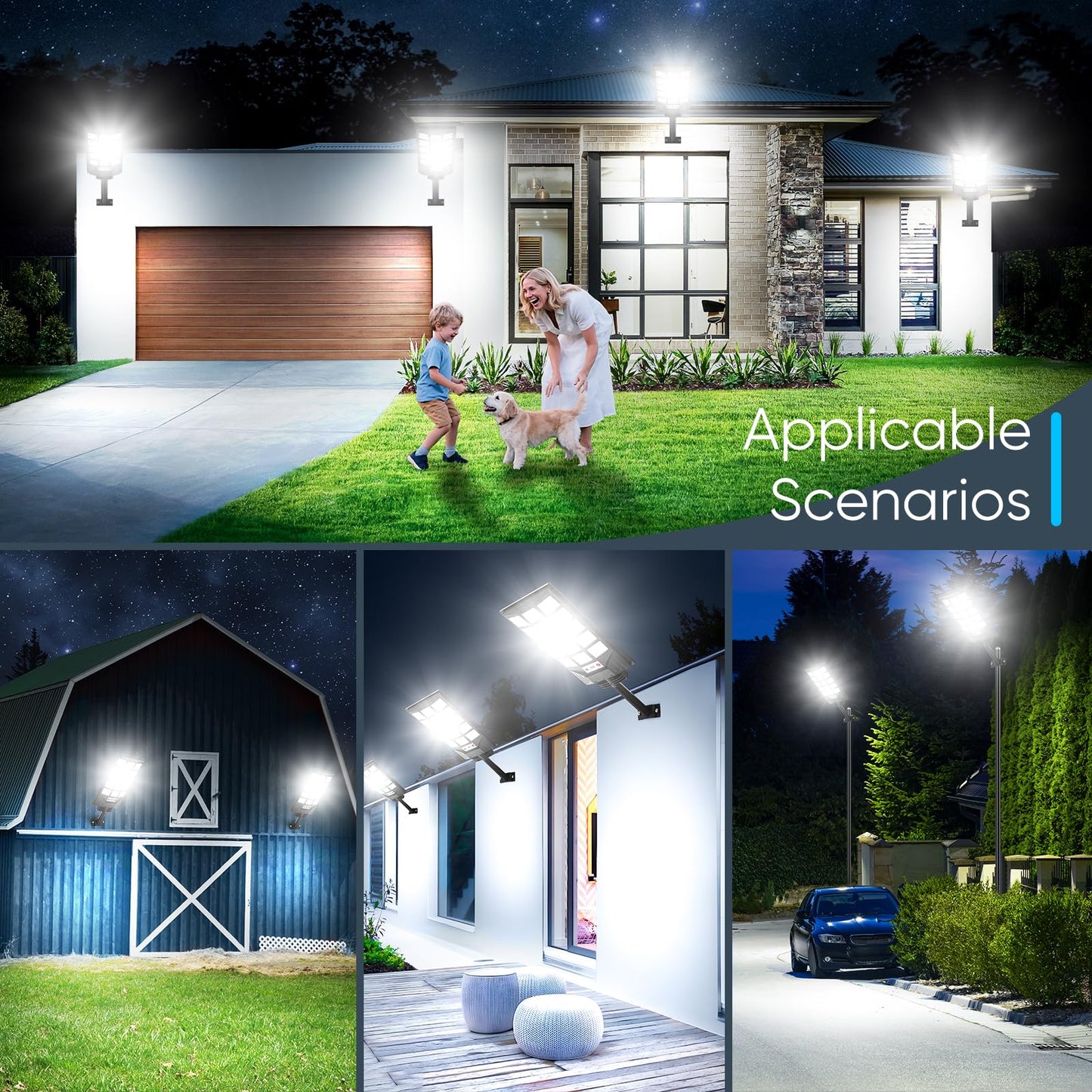 Solar Street Lights Outdoor Waterproof 30000Lm 6500K Led Motion Sensor Lights Solar Flood Lights With Remote Dusk To Dawn Solar-Powered Parking Lot Light Commercial Area Lighting For Yard 4-Pack