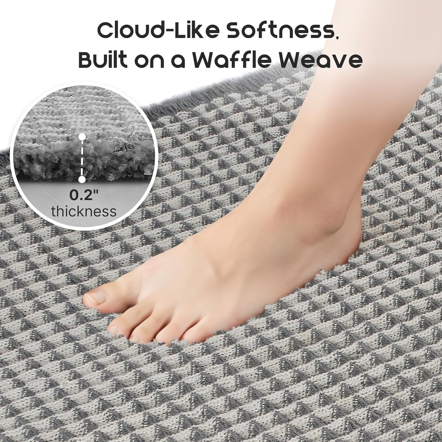 ArtyCozy Waffle Bath Mat, Super Absorbent Soft Non-Slip Boho Bath Rugs with Flat-Woven Hot Glue Backing for Bathroom, Machine Washable Bath Mats, 20" × 47", Grey & White