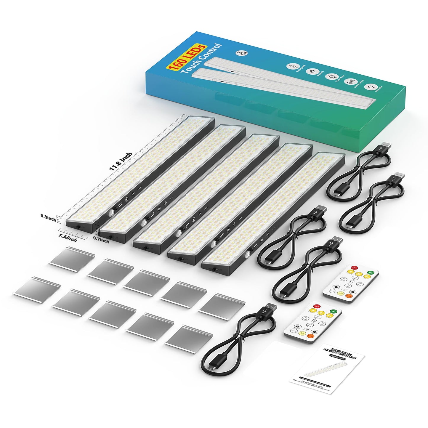 160Leds Touch-Control Under Cabinet Lighting W/4000Mah Battery Cordless Motion Sensor Under Counter Lights For Kitchen Magnetic Rechargeable Closet Lights - 5Pack/Black 2025 Fall