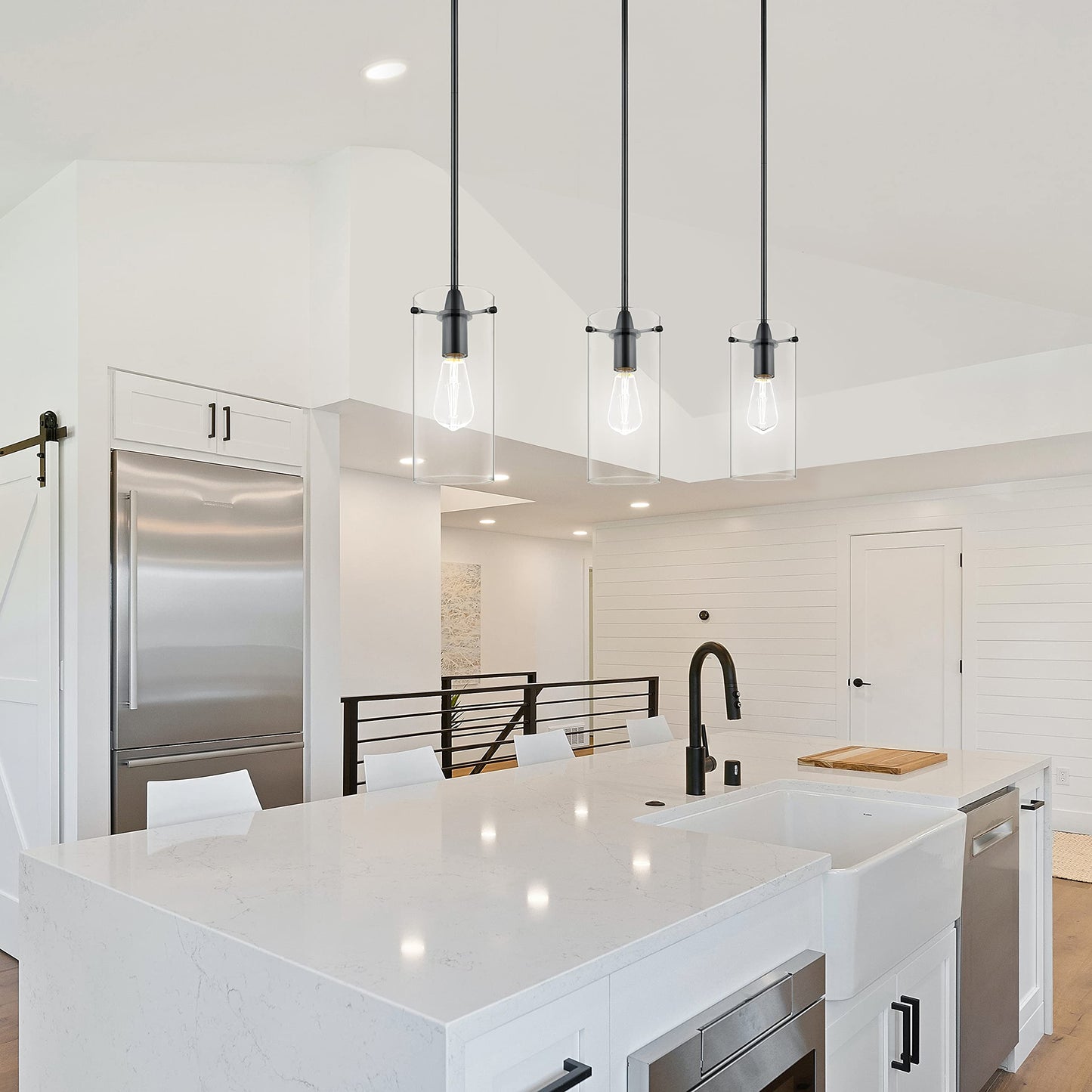 Linea di Liara Pendant Light Fixtures, Modern Matte Black, Large Clear Glass Shade, Industrial Style, Model LL-P315-BLK