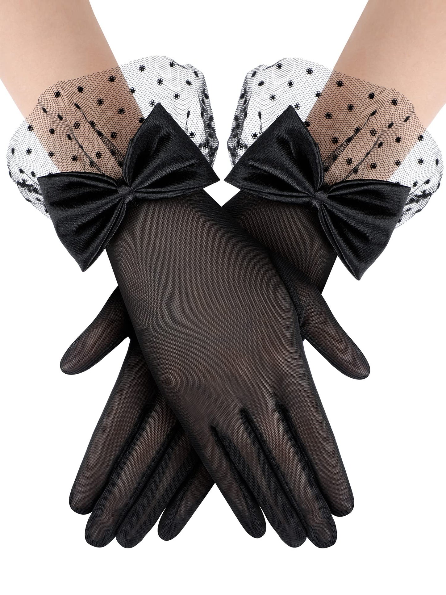 Bencailor Women Lace Gloves Wedding Tea Party Gloves Bow Short mitten Evening Elegant Accessories for Sun Protection Funeral