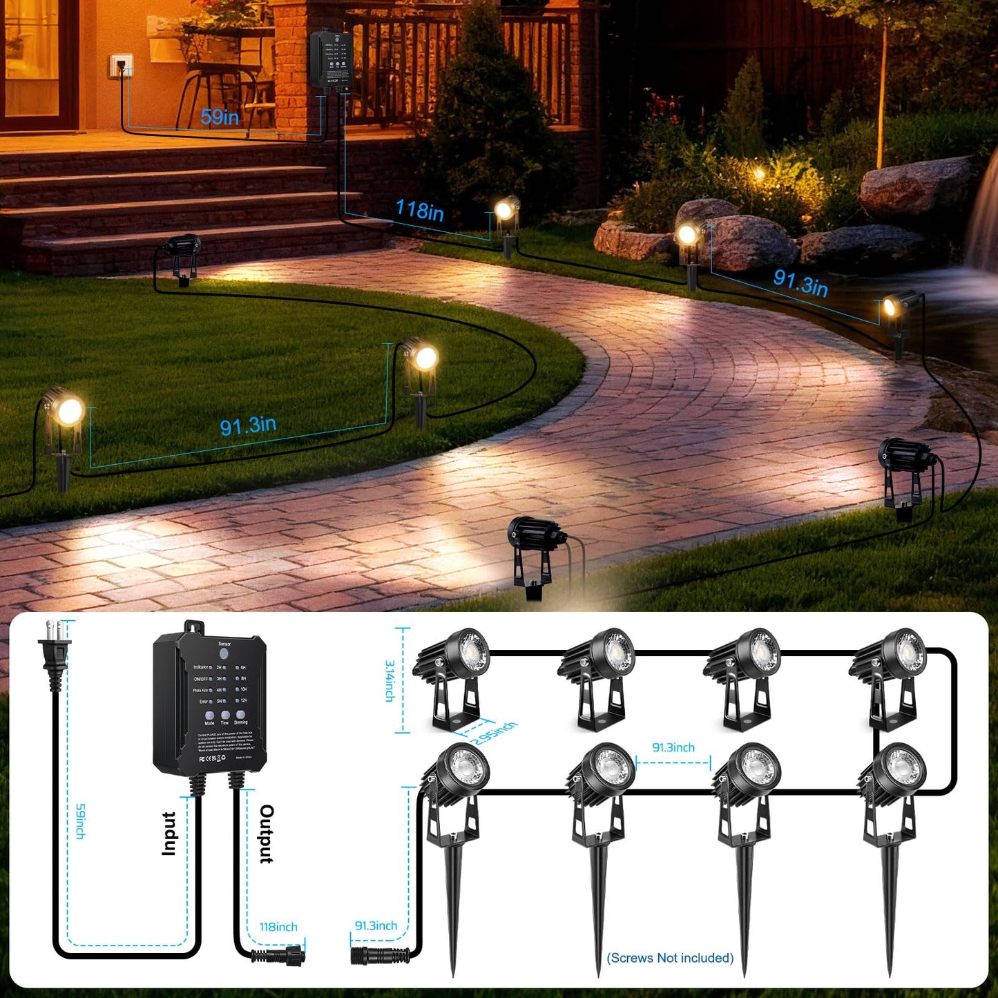 Lightingwill Low Voltage Landscape Lights With Smart Transformer 8 Pack 12V Outdoor Spotlights With Timer & Dimmable Function Waterproof Yard Pathway Garden Lighting Kit