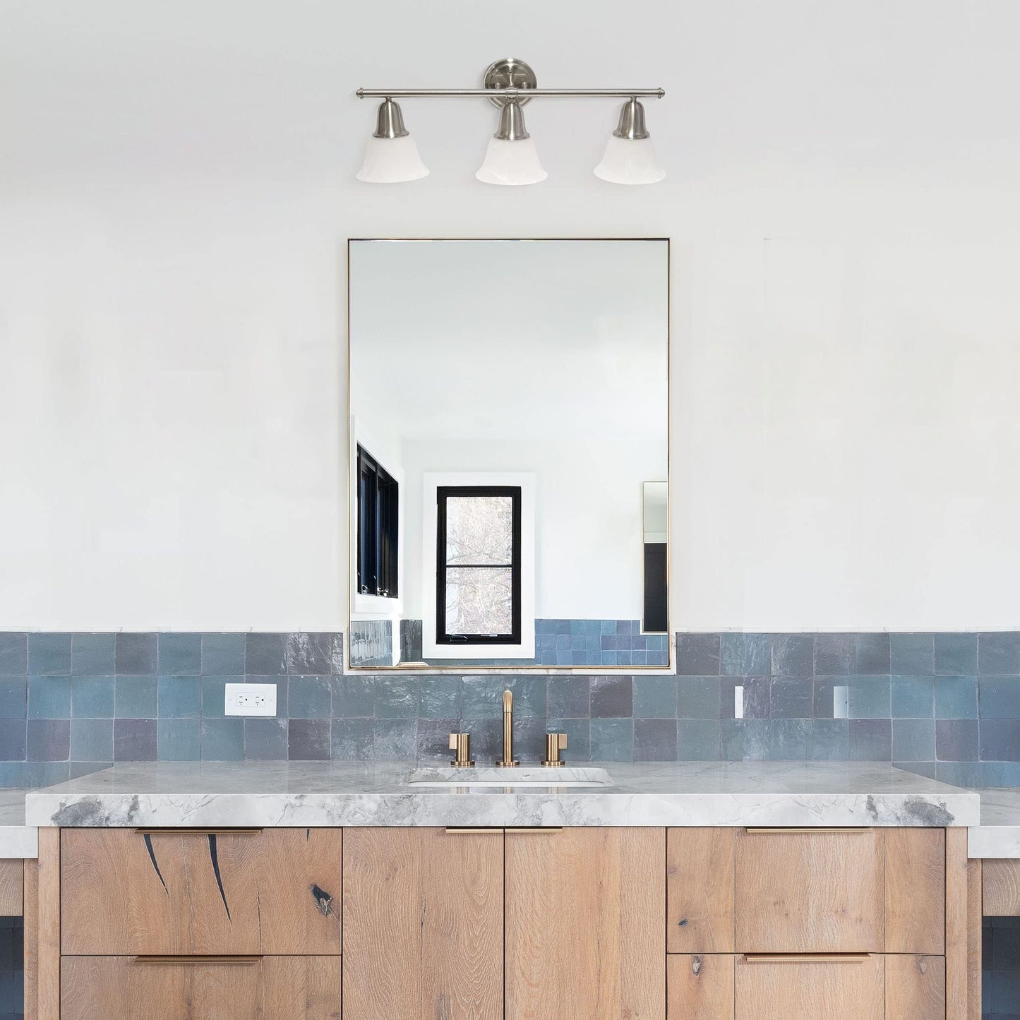Simple Designs VT1027-BSN 26.5in 3-Light Metal Bar Vanity Fixture, Frosted Marble Glass Shades, Brushed Nickel