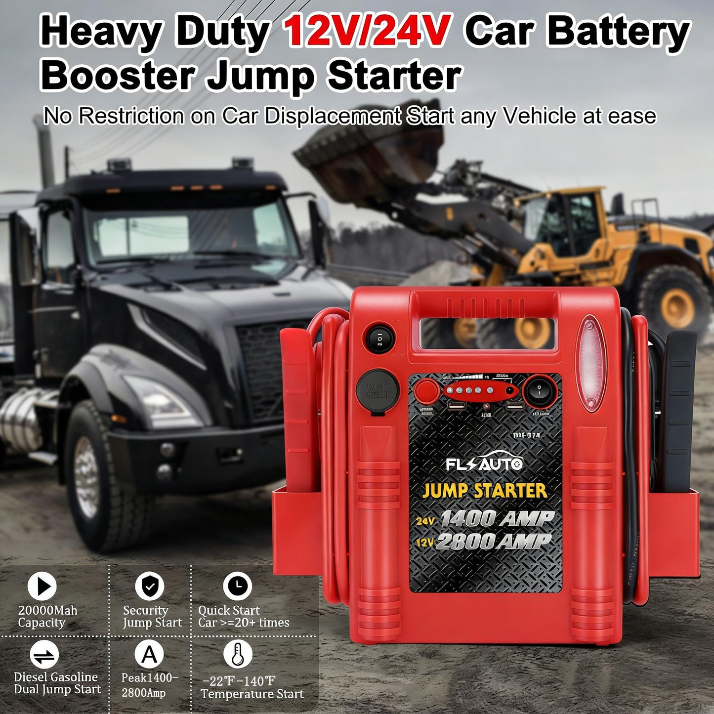 Car Battery Jump Starter - FlyAuto 2800/1400 Amp 12V 24V Heavy Duty Jump Box, Works with Truck Tractor Excavator Automotive Engine Starter Battery Charger Booster Jumper Box with USB/DC Power Unit