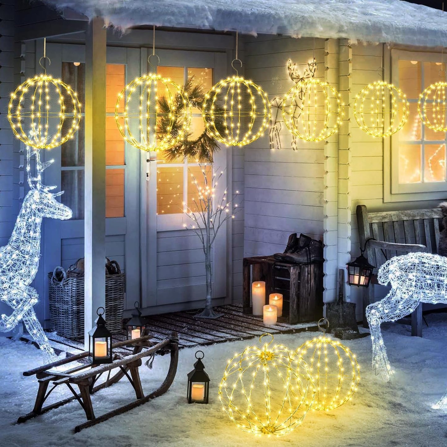 Flacchi Set Of 2 Outdoor Hanging Ball Lights - 2 Sizes Of Christmas Battery Operated Garden Lanterns Waterproof Globe Fairy Lights With 8 Lighting Modes Timer Memory Function (Warm White)