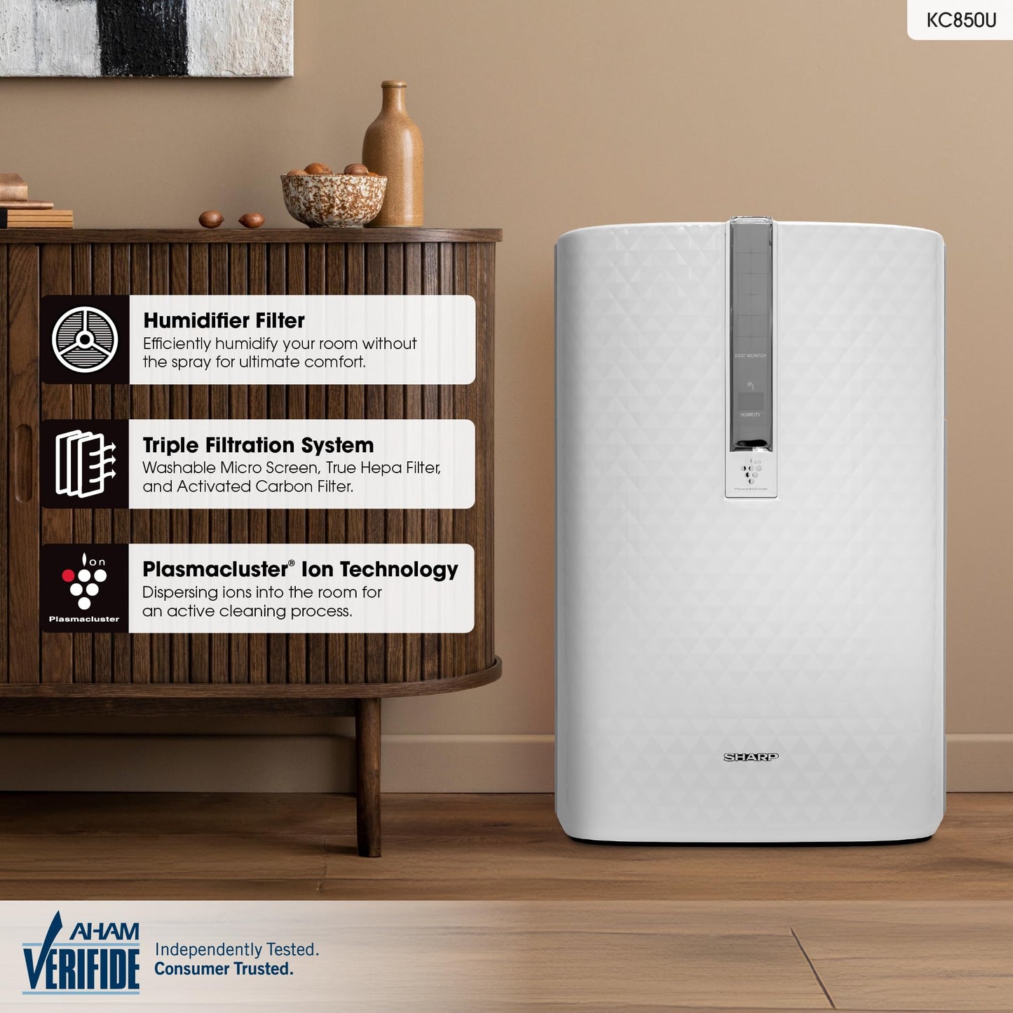 SHARP Air Purifier with Humidifier Combo – Covers up to 1,230 sqft in one hour, True HEPA Filter Air Purifier for Medium Rooms, Home Nursery, Dust, Smoke, Pollen - KC850U
