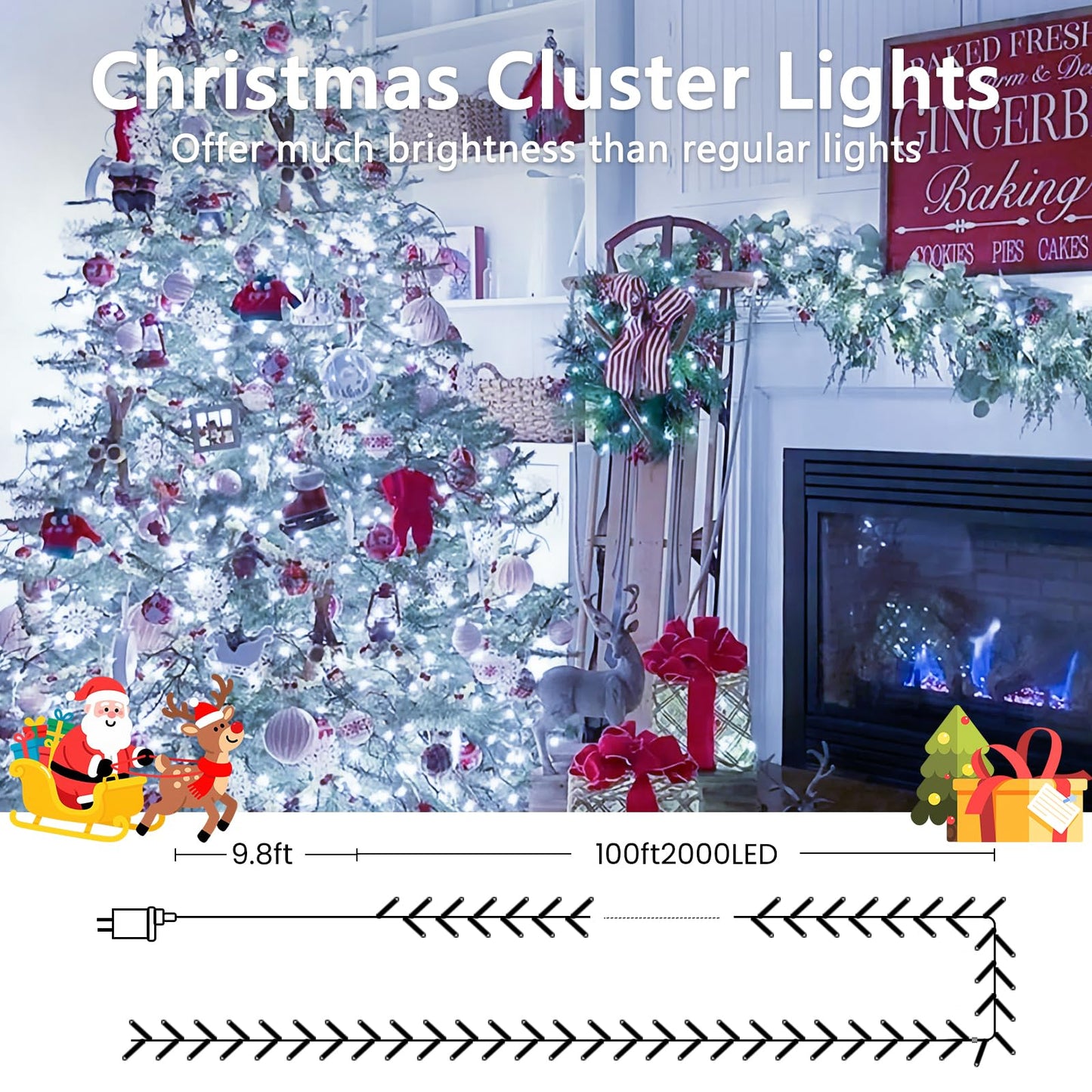 100Ft 2000 Led Cluster Christmas Lights Christmas Tree Lights Outdoor Indoor With 8 Modes & Timer & Remote Fire ers String Lights Waterproof For Garland Party Xmas Decorations Cool White