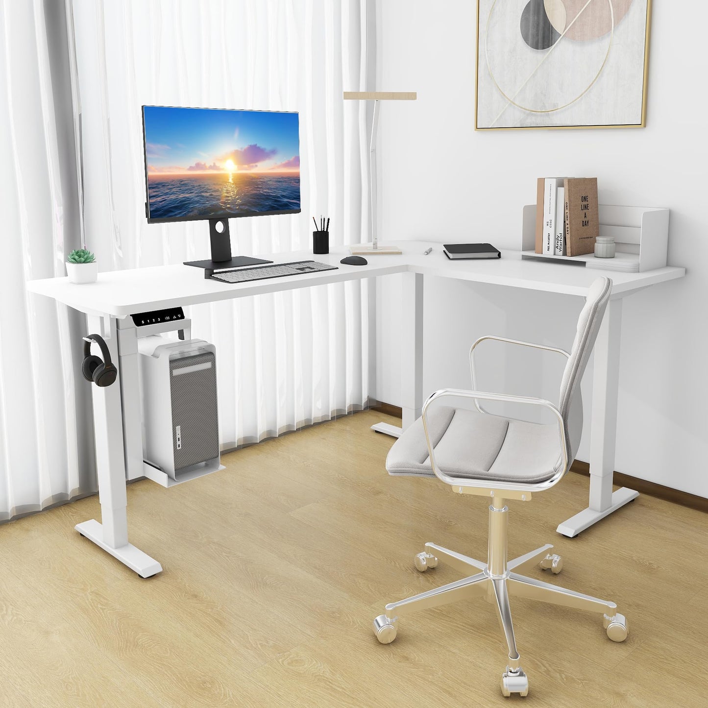 Fromann Adjustable 3 Legs Standing Desk Frame Base Electric Corner Sit-Stand Desk for Home and Office (White)