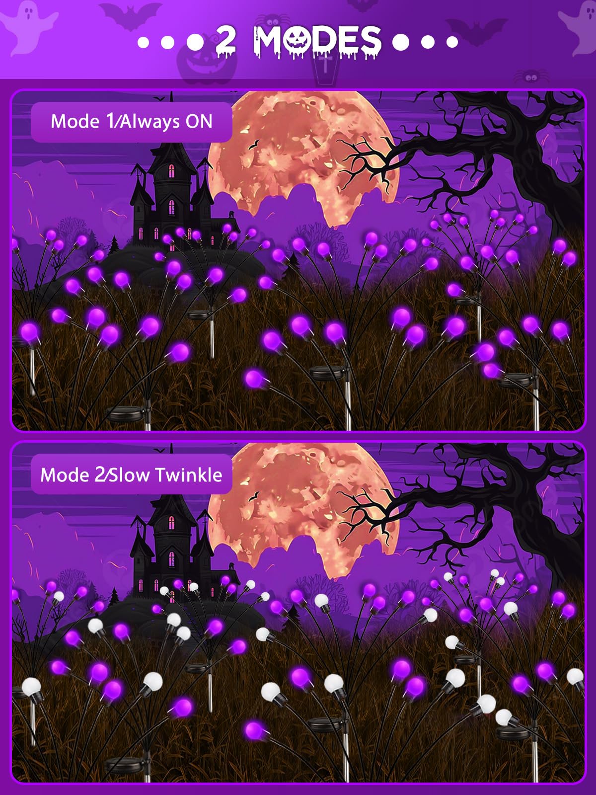 Albelt Halloween Decorations Outdoor 6 Pack Solar Firefly Lights Outdoor 48 Led Solar Halloween Lights Waterproof Swaying Garden Light (Sway By Wind) For Outside Yard Pathway Decor (Purple)