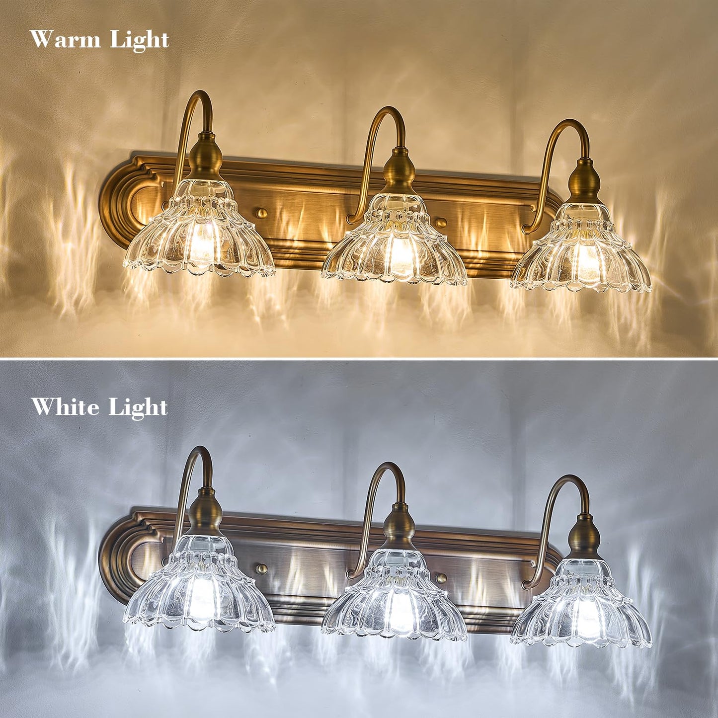 Tlolgt Vintage 3-Light Bathroom Vanity Lighting Fixtures Modern Wall Sconces Brass Glass Retro Vanity Light For Bedroom Bathroom Doorway Farmhouse Hallway