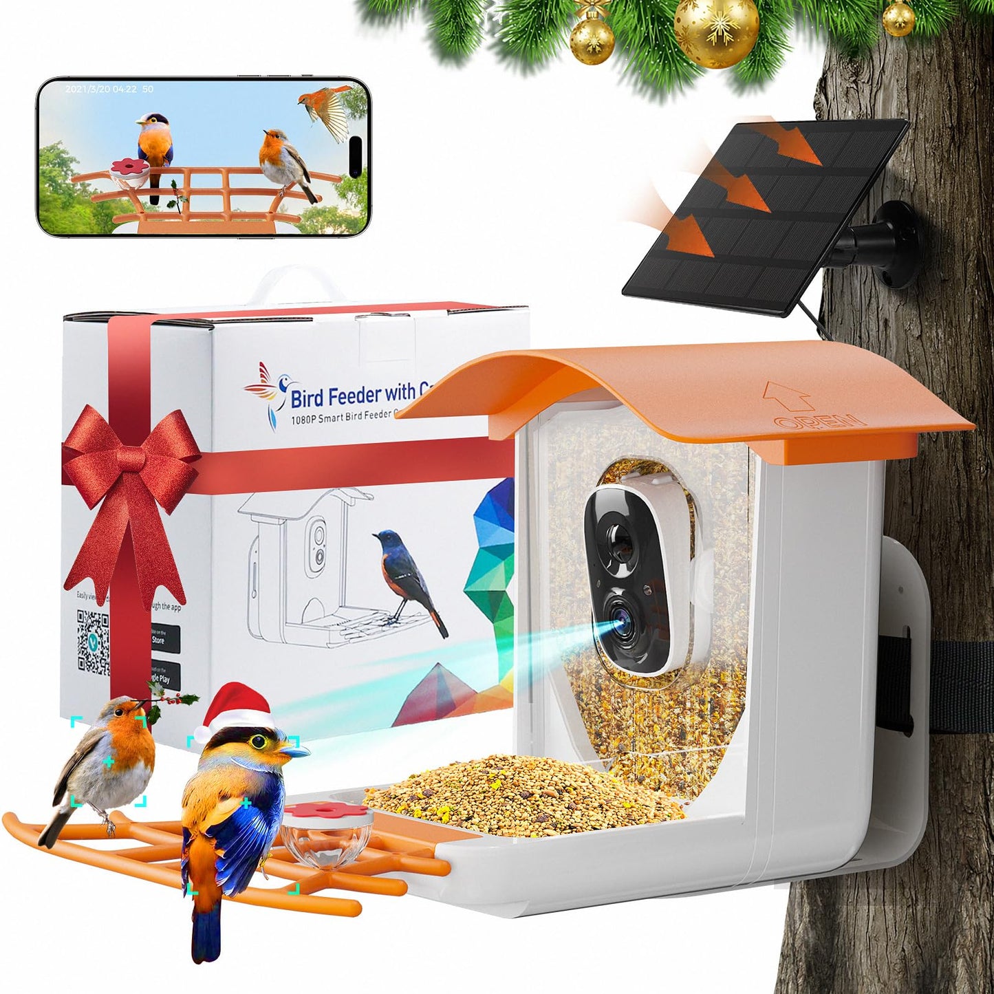 Bird Feeder with Camera, Smart Bird Feeder, 1080P Color Night Vision, Built-in Microphone, Solar Charging, IP65 Waterproof, Bird Watching Gifts for Bird Lovers(A Hummingbird Feeder Included)
