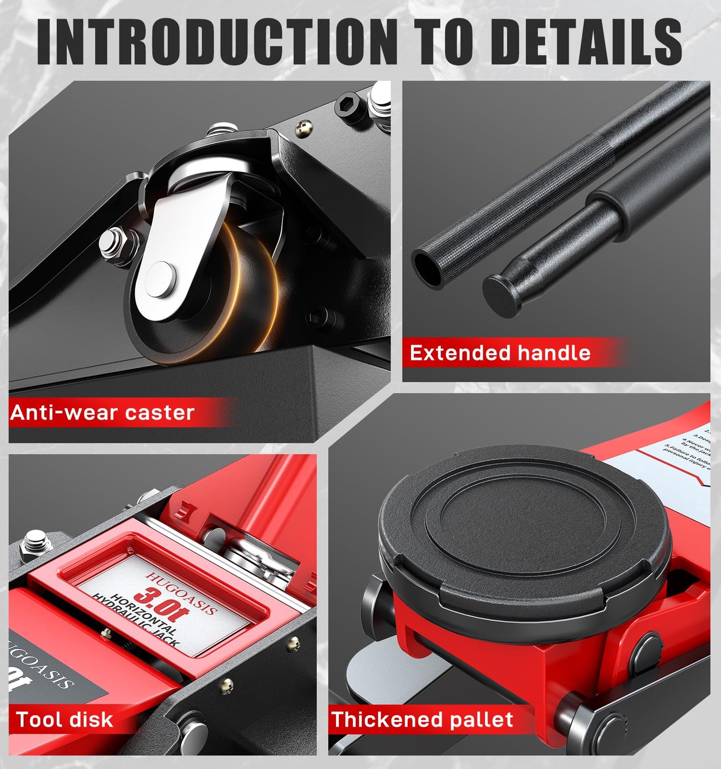 HUGOASIS 3 Ton Dual Pump Low Profile Floor Jack,Lifting Range 2.95" to 19.88", Heavy Duty Steel Hydraulic Car Jack with Fast Lift & 360° Swivel Wheels for Truck,SUV,Garage, Sport Utility Vehicle,Red