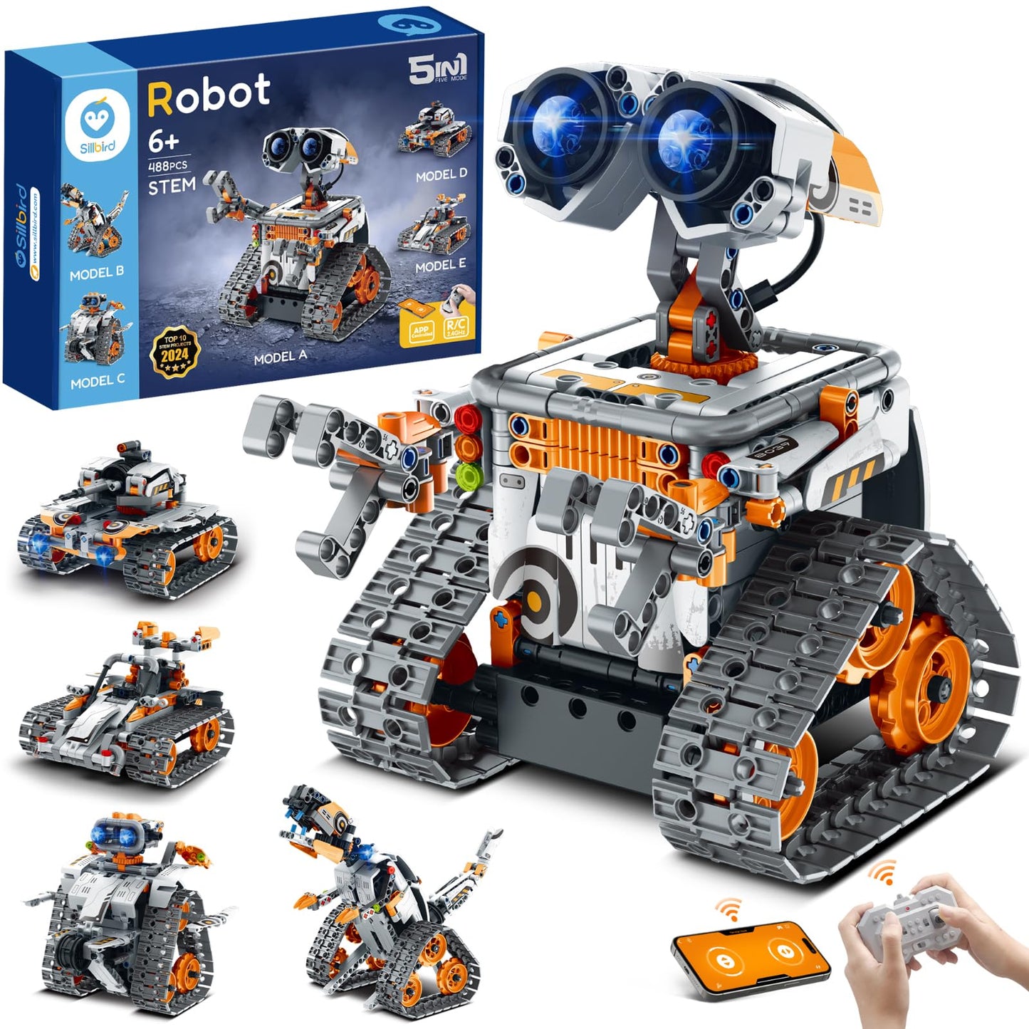 Sillbird Robot Building Kit with Remote Control STEM Gifts for Boys Age 8-13, Technic Coding Robotic Toys for Kids Birthday, Buildable 5in1 Models with 488 Pieces