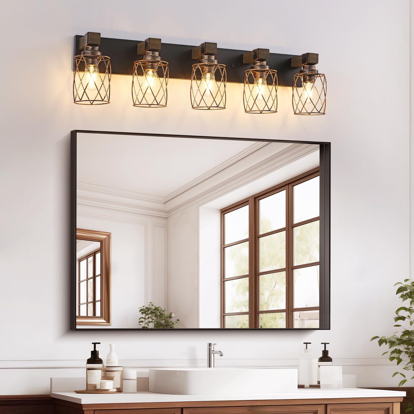Farmhouse Bathroom Vanity Light 5-Light Wood Bathroom Light Fixtures Over Mirror Black And Gold Industrial Vanity Lights With Metal Shade Rustic Bathrooms Lighting For Living Room Bedroom Hallway