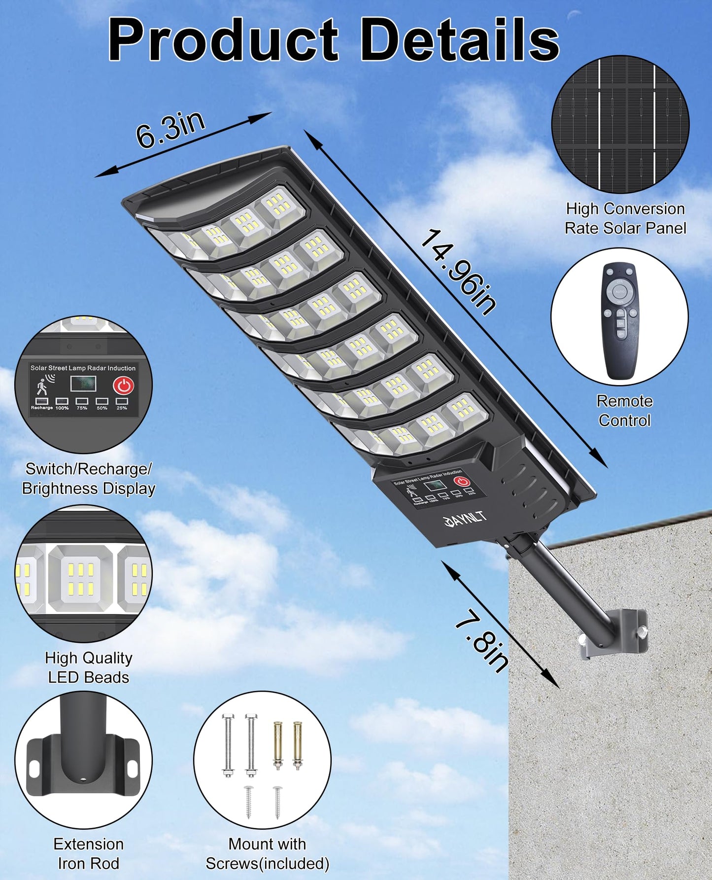 Jaynlt Solar Lights Outdoor 5 Lighting Modes Solar Flood Security Light With Motion Sensor & Dusk To Dawn&Remote 7000K Street Lamps For Yard Entryway Garage - 2Pack