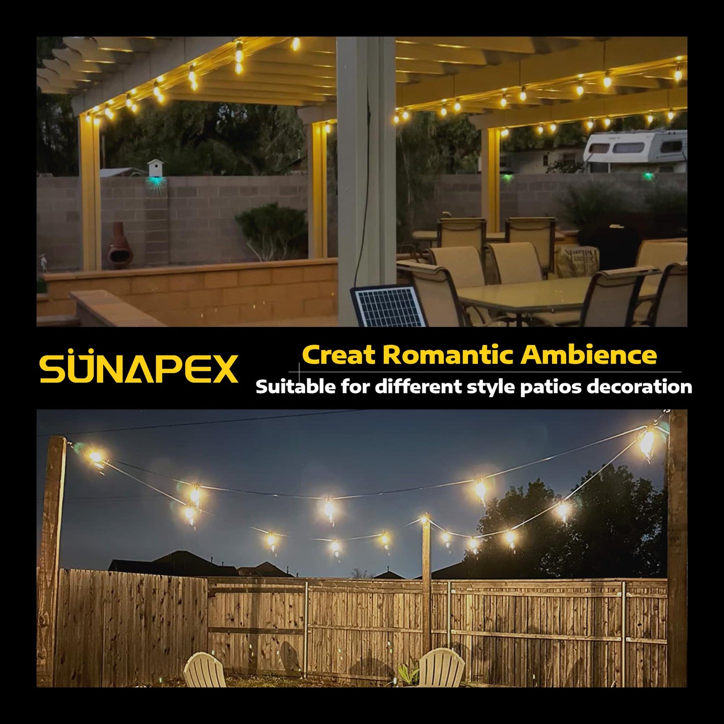 SUNAPEX Solar String Lights Outdoor Waterproof 96FT with Shatterproof Edison Bulbs Yellow 2700K