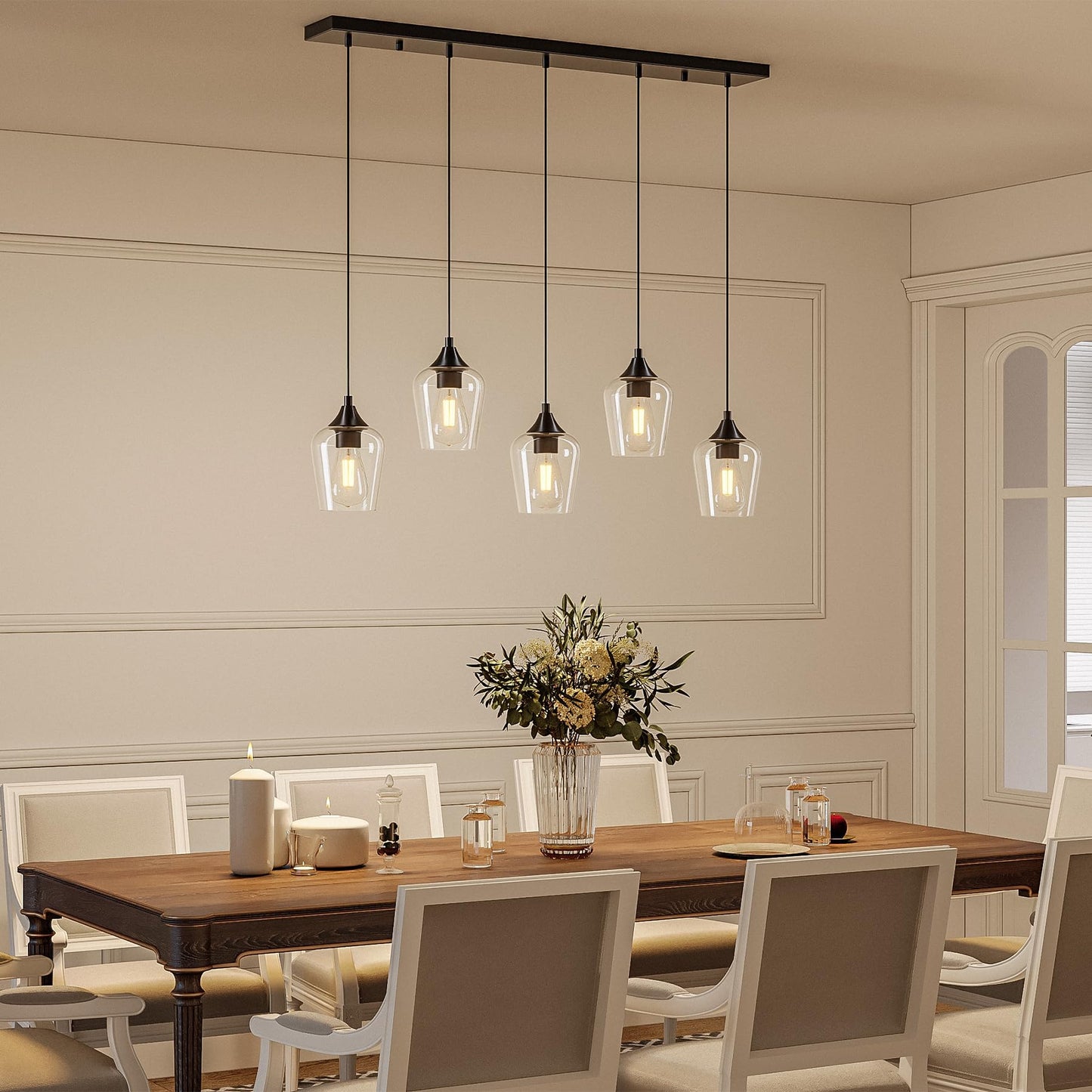 Vonluce 5-Light Pendant Light Kitchen Island Pendant Light Fixture With 10-55 Height Modern Pendant Lighting With Wine Glass Shades For Living Room Hallway Matte Black Etl Certificated