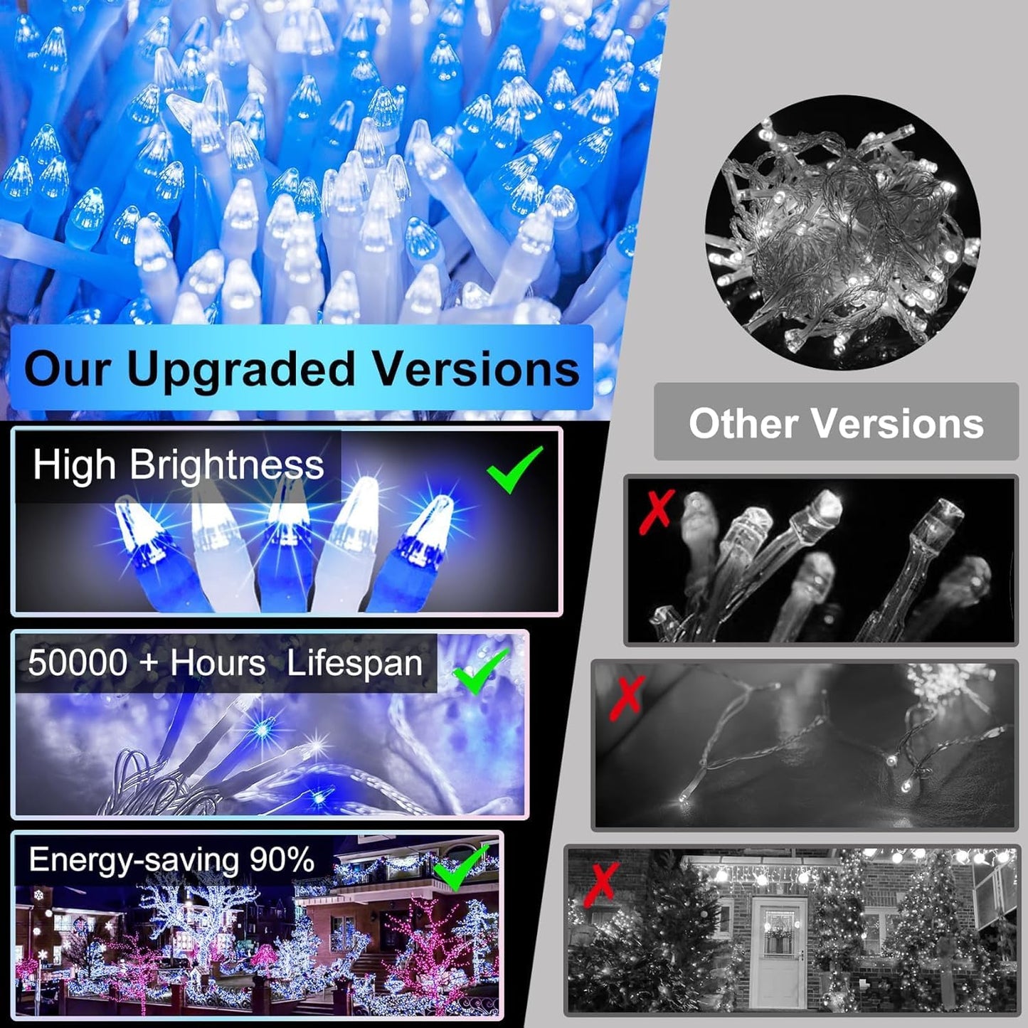750 Led 240Ft Christmas String Lights Outdoor 12 Pro Modes And Timer Memory & Brightness Plug In Outdoor Waterproof Clear Wire Twinkle Light For For Xmas Yard Tree Wedding Party Decor (Blue & White)