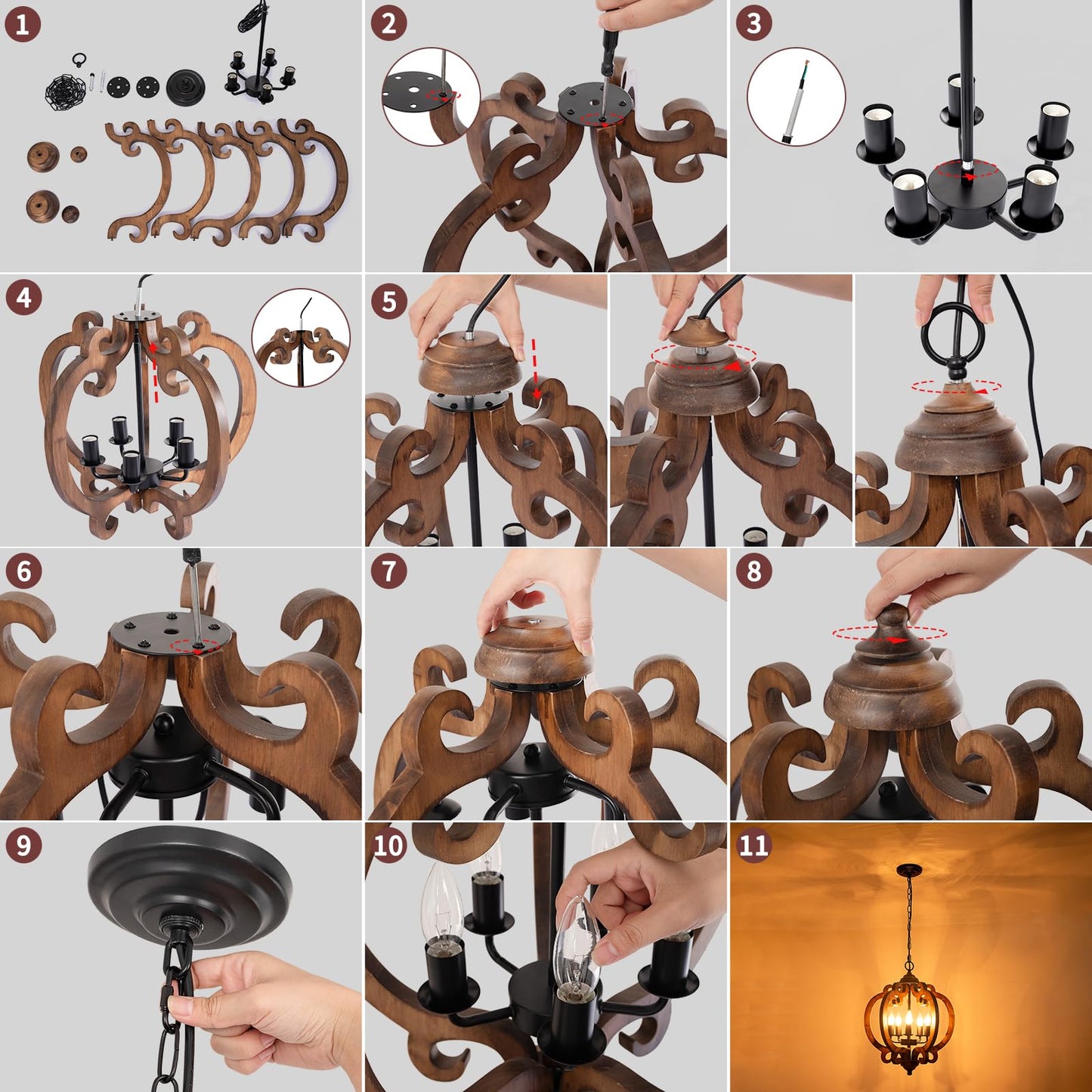 17.72 Farmhouse Wood Chandelier 5-Light Rustic Dining Room Light Fixture Farmhouse Hanging Pendant Lighting Vintage Orb Chandeliers For Kitchen Island Foyer Living Room Bedroom