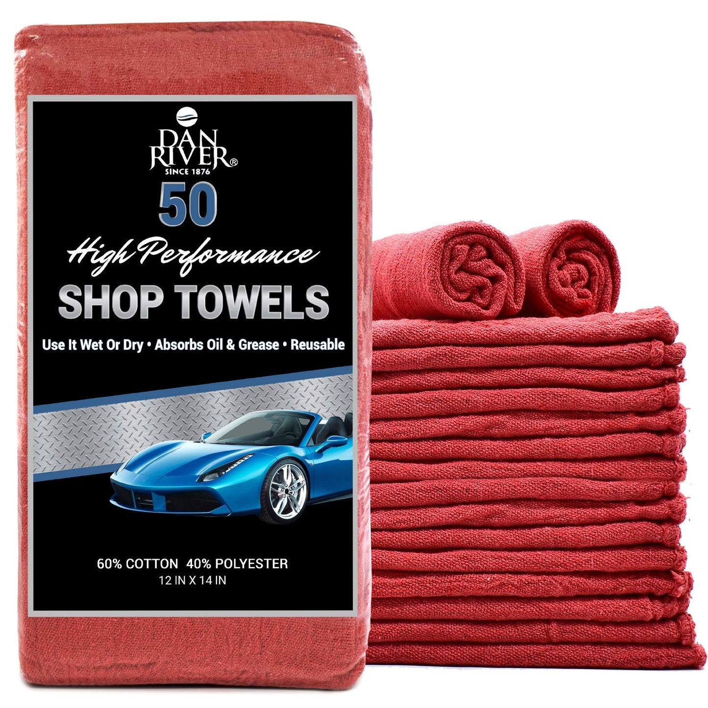 DAN RIVER Shop Towels - 50 Pack, 12x14 Inches, Green, 60% Cotton 40% Polyester, Highly Absorbent & Durable Multipurpose Rags for Auto Mechanic, Garage, Car Detailing, Cleaning, and Industrial Use
