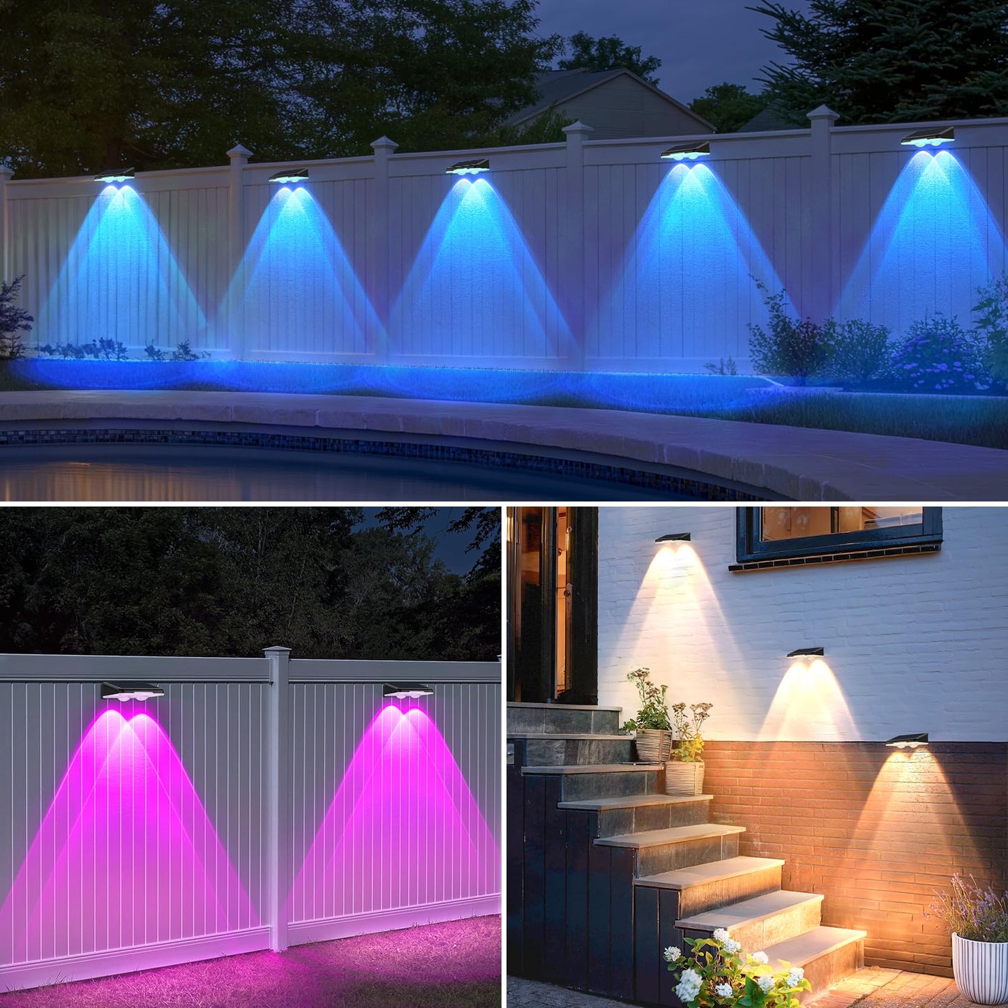 Solar Lights Outdoor 16-Pack Waterproof Fence Lights Solar Powered With Warm White & 6 Rgb Colors & 2 Lighting Modes For Backyard Deck Step Stairs Balcony Yard Patio Walkway Pathway