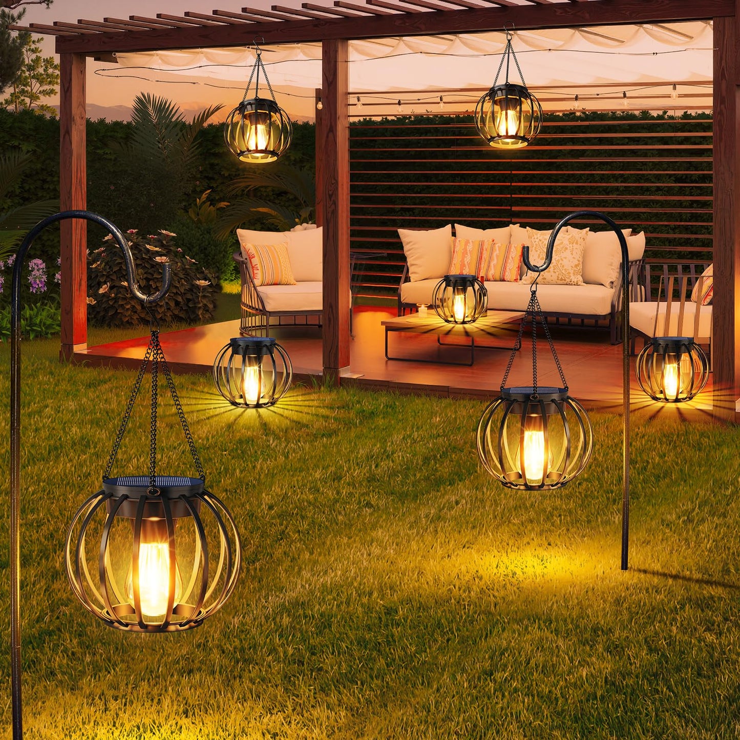 Aounq Solar Lanterns Outdoor Waterproof 4 Pack Upgraded Metal Hanging Solar Lights For Outside With Auto On/Off & Hook - Brighter Hanging Outdoor Lanterns Decorative Lighting For Garden Patio Yard