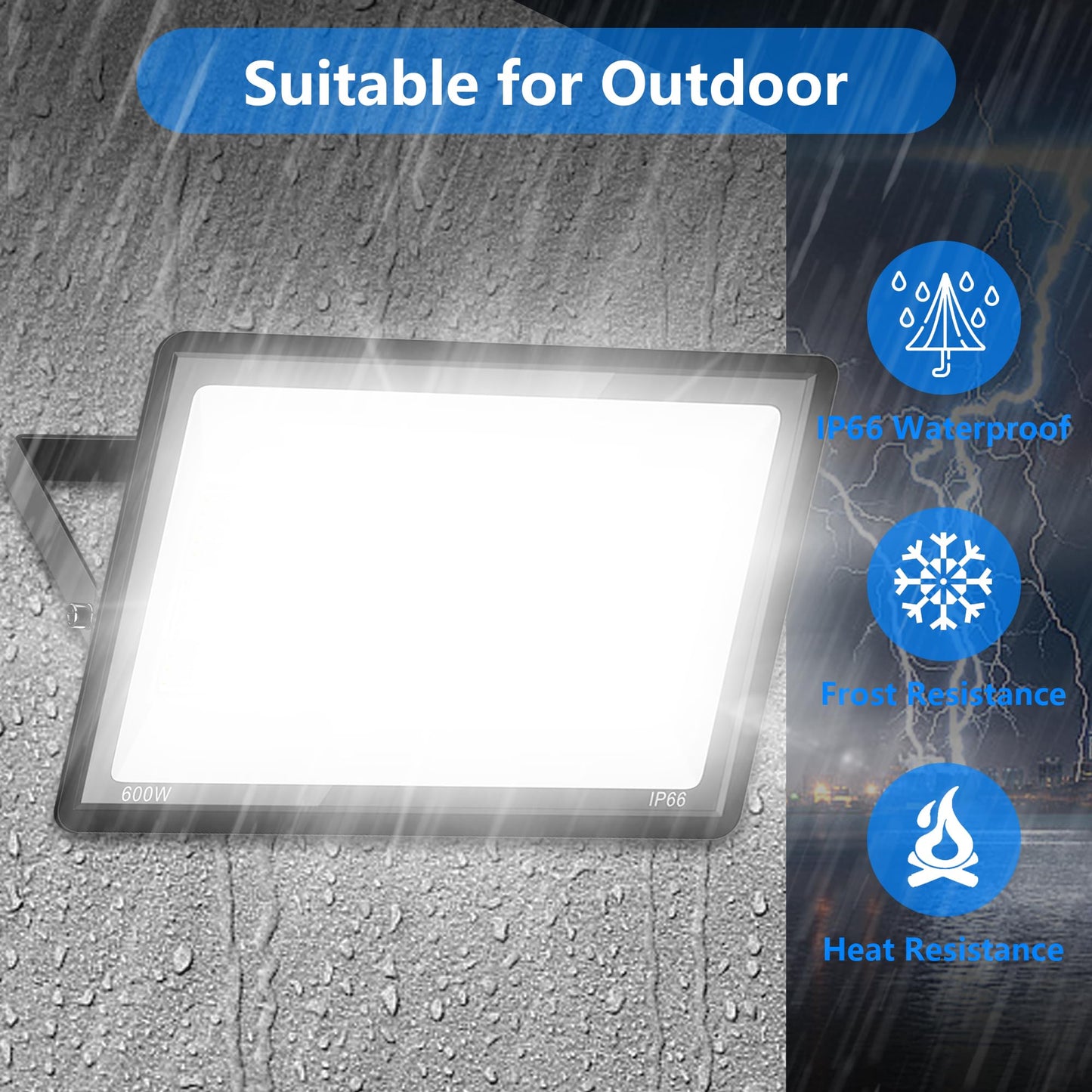 2 Pack 600W Led Flood Lights Outdoor (3000W Equivalent) 66000Lm 6000K Daylight White Super Bright Security Arena Light With Plug Ip66 Waterproof Commercial Lighting For Yard Courts Stadium