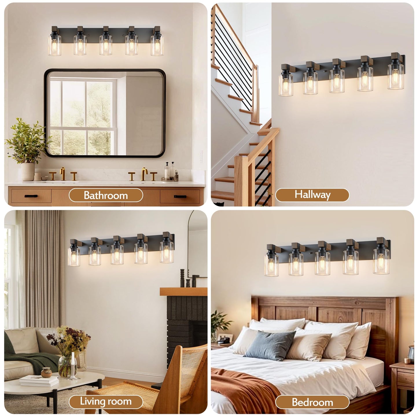 Farmhouse Bathroom Vanity Light Fixtures Rustic 5-Light Wood Vanity Lights For Bathroom Vintage Black Wall Sconces Lighting Light Fixtures Over Mirror With Glass Shade