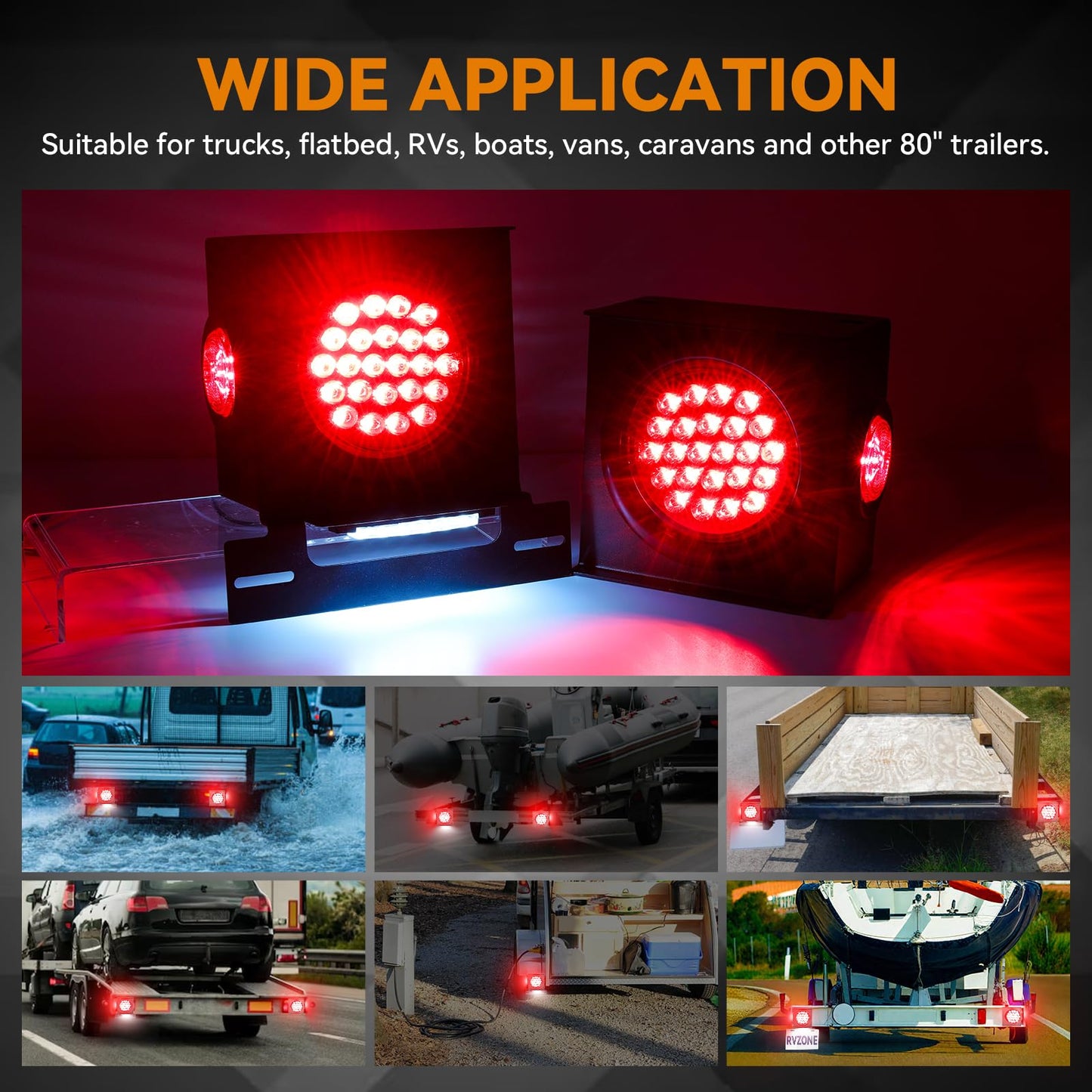 Rvzone 12V Square Led Trailer Light Steel Boxes Housing Kit 2Pcs Ip67 Red Waterproof Stop Brake Turn Lights With 4In Round Tail Lights 2 In Round Side Marker Light 6Led License Plate Lighting