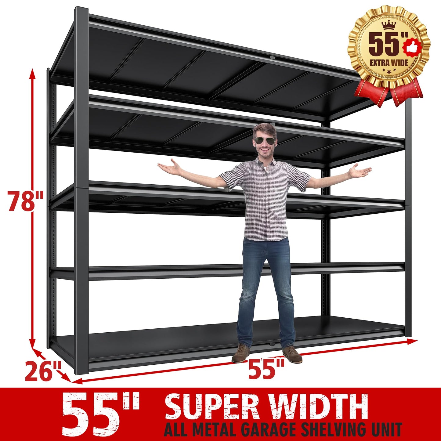 REIBII Garage Shelving 78" H, Garage Storage Shelves Heavy Duty Shelving Unit Load 3000LBS, 5 Tier Adjustable Metal Shelves for Warehouse, Basement, Pantry, Factory, 55" W x 26" D x 78" H