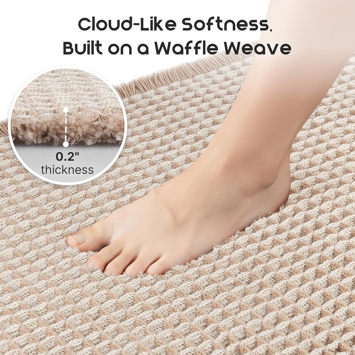 ArtyCozy Waffle Bath Mat, Super Absorbent Soft Non-Slip Boho Bath Rugs with Flat-Woven Hot Glue Backing for Bathroom, Machine Washable Bath Mats, 24" × 72", Brown & White