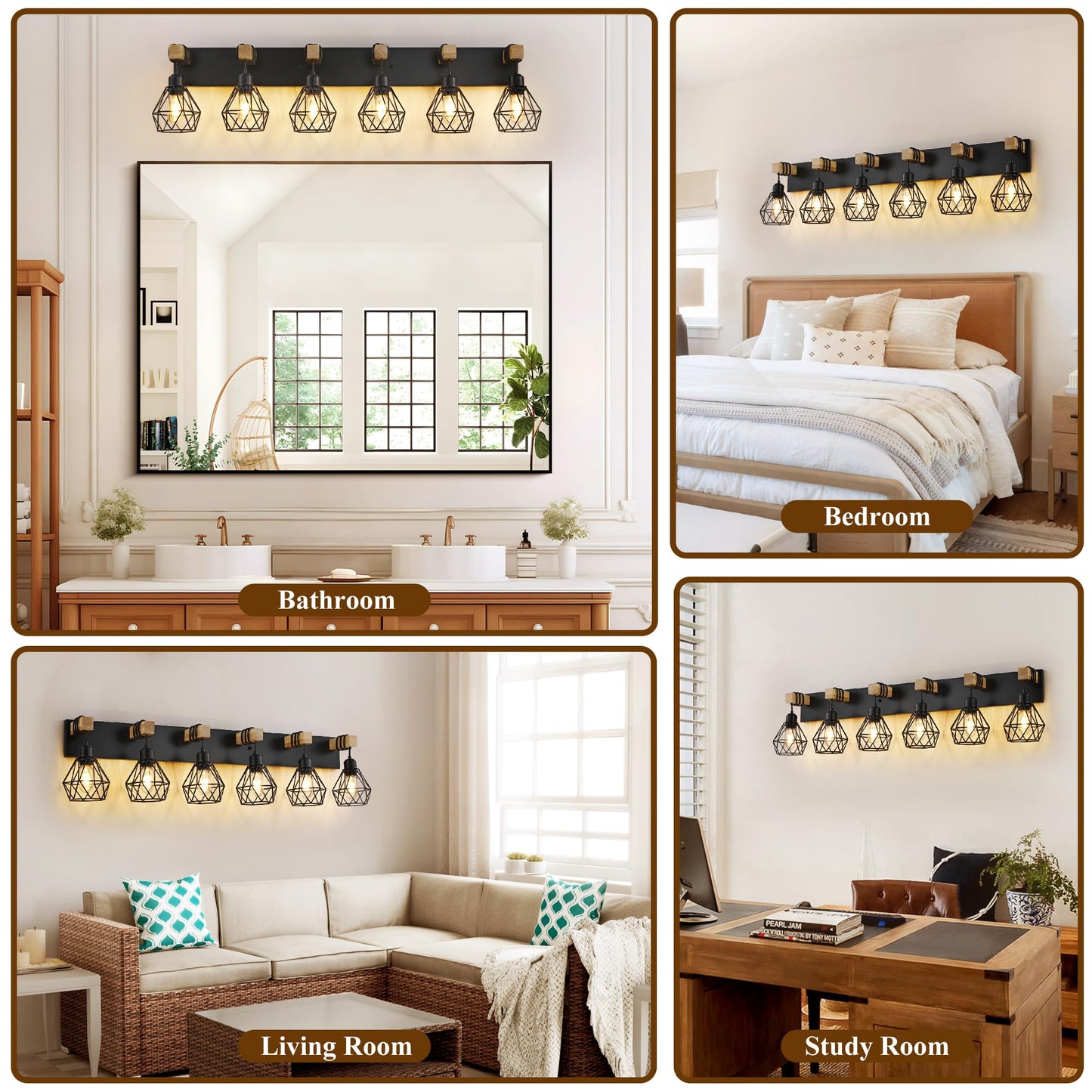 Farmhouse Bathroom Vanity Light Fixtures 6-Light Wood Bathroom Light Fixtures Over Mirror Rustic Sconces Wall Lighting With Elegant Metal Lampshade For Living Room Bedroom Hallway