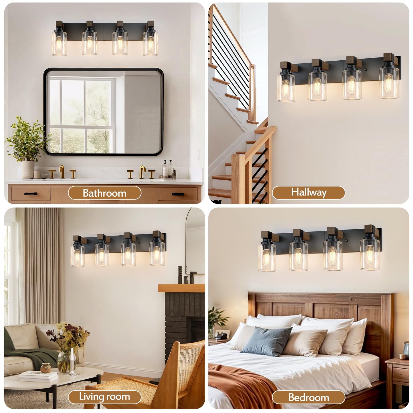 Farmhouse Bathroom Vanity Light Fixtures Rustic 4-Light Wood Vanity Lights For Bathroom Vintage Black Wall Sconces Lighting Light Fixtures Over Mirror With Glass Shade