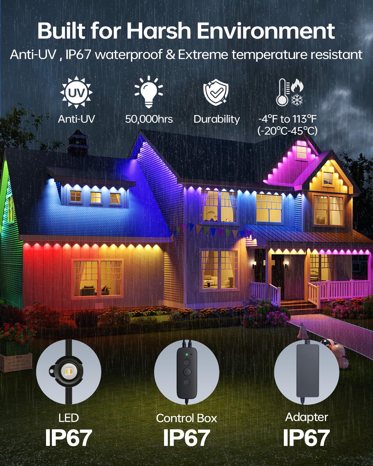 Asahom Ai Permanent Outdoor Lights S107D 200Ft With 144 Rgbcw Led Lights And Dual Output 30 000 Lighting Effect Combination Ip67 Waterproof For House Halloween Christmas And Daily Decoration Black