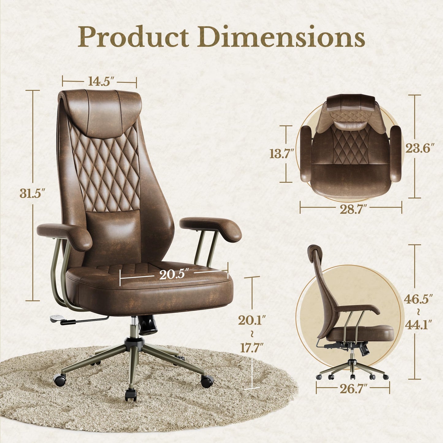 Perledesign High Back Executive Office Chair with Integrated Headrest & Lumbar Support - Ergonomic PU Leather Desk Chair, Adjustable Swivel Computer Chair with Recline Function for Home Office, Brown
