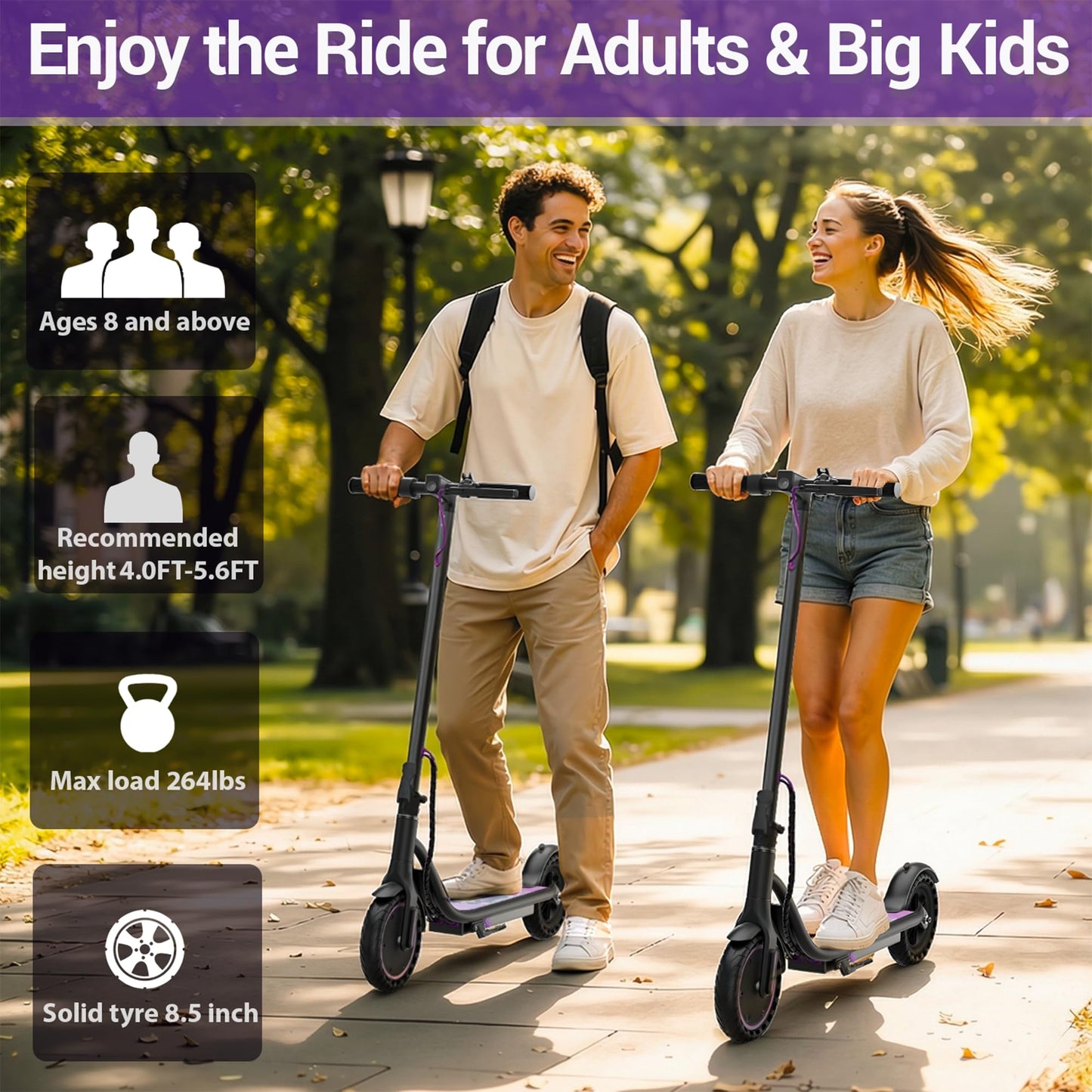 Electric Scooter Adults, 8.5" Foldable Solid Tires E Scooter for Adults, 19 Mph, 350W Motor, Kick Scooters Max 16 Miles Long Range for Commuting, Electric Scooter with Dual Braking System, APP Control