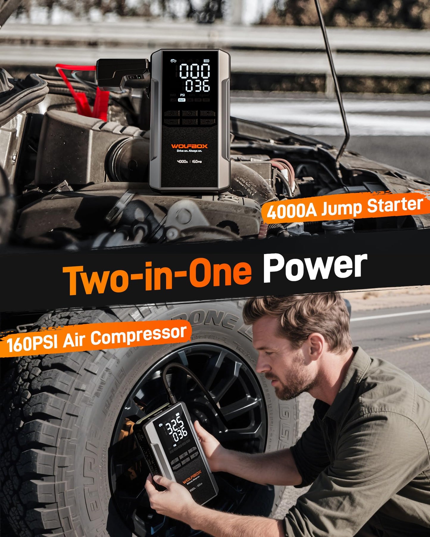 WOLFBOX 4000A Jump Starter with 160PSI Air Compressor, 12V Car Battery Booster, 65W Fast Charge, 88.8Wh Portable Tire Inflator, LED Display for 10L Gas & 10L Diesel Engines, LED Light, Jumper Cables