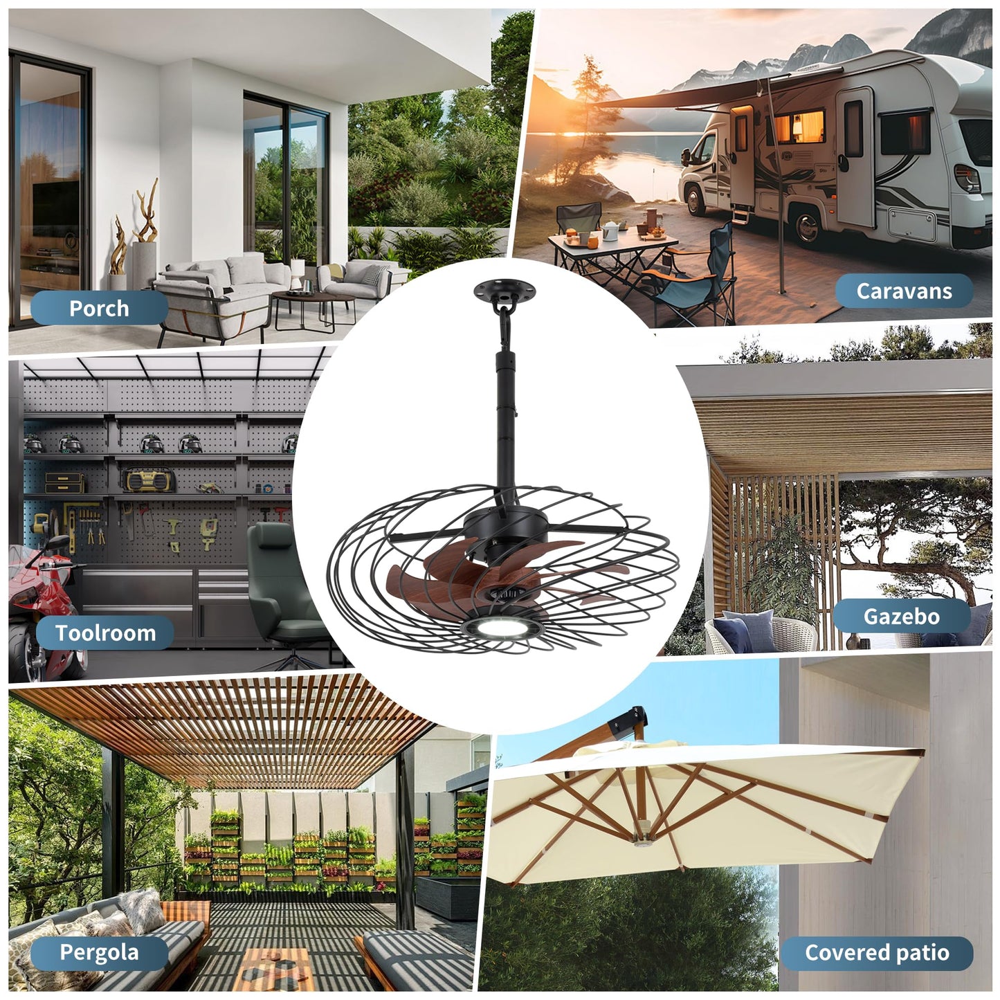 Osgner 20 Outdoor Ceiling Fan With Light Waterproof Gazebo Fan Remote Control Dimmable Led Light Hanging Black Caged Ceiling Fixtures With Plug In Cord For Patios Pergola