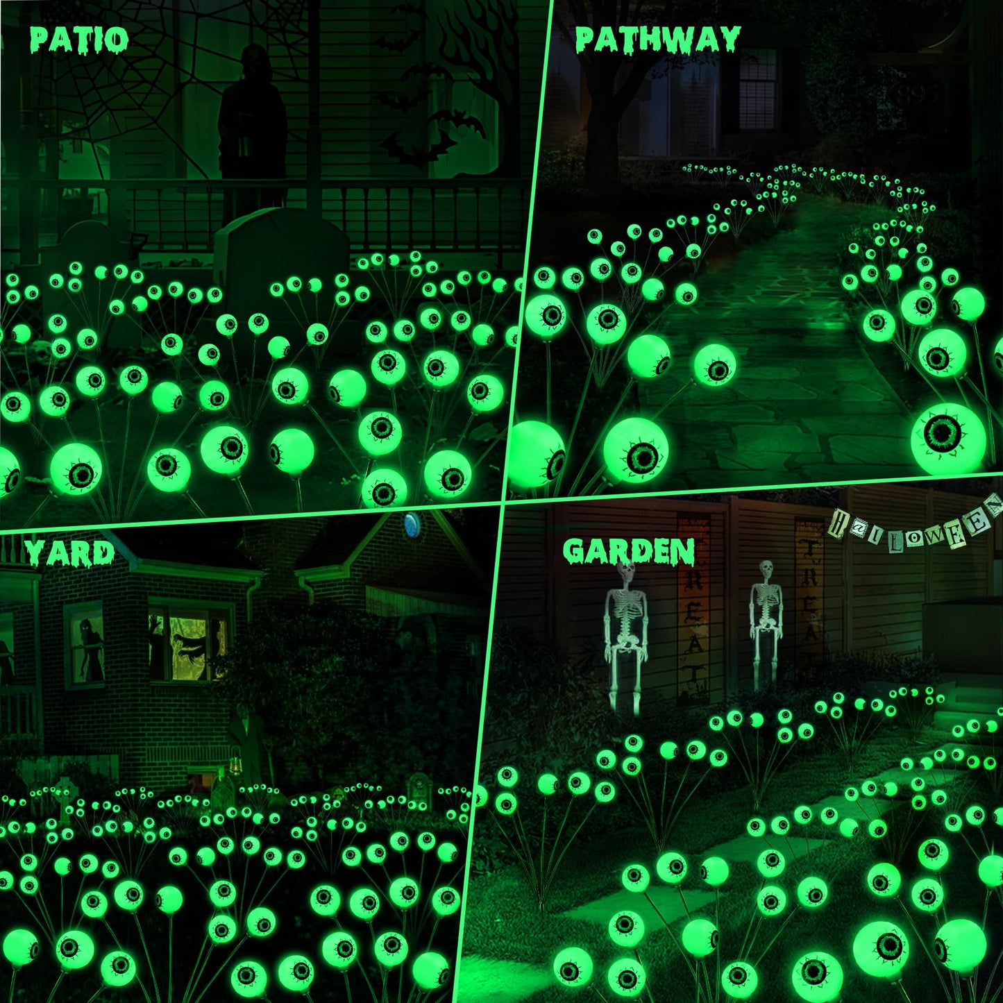 Brizlabs 8 Pack 48 Led Halloween Solar Lights 2 Modes Outdoor Halloween Eyeball Pathway Lights Solar Spooky Light Waterproof Green Swaying Firefly Lighting For Path Yard Garden Lawn